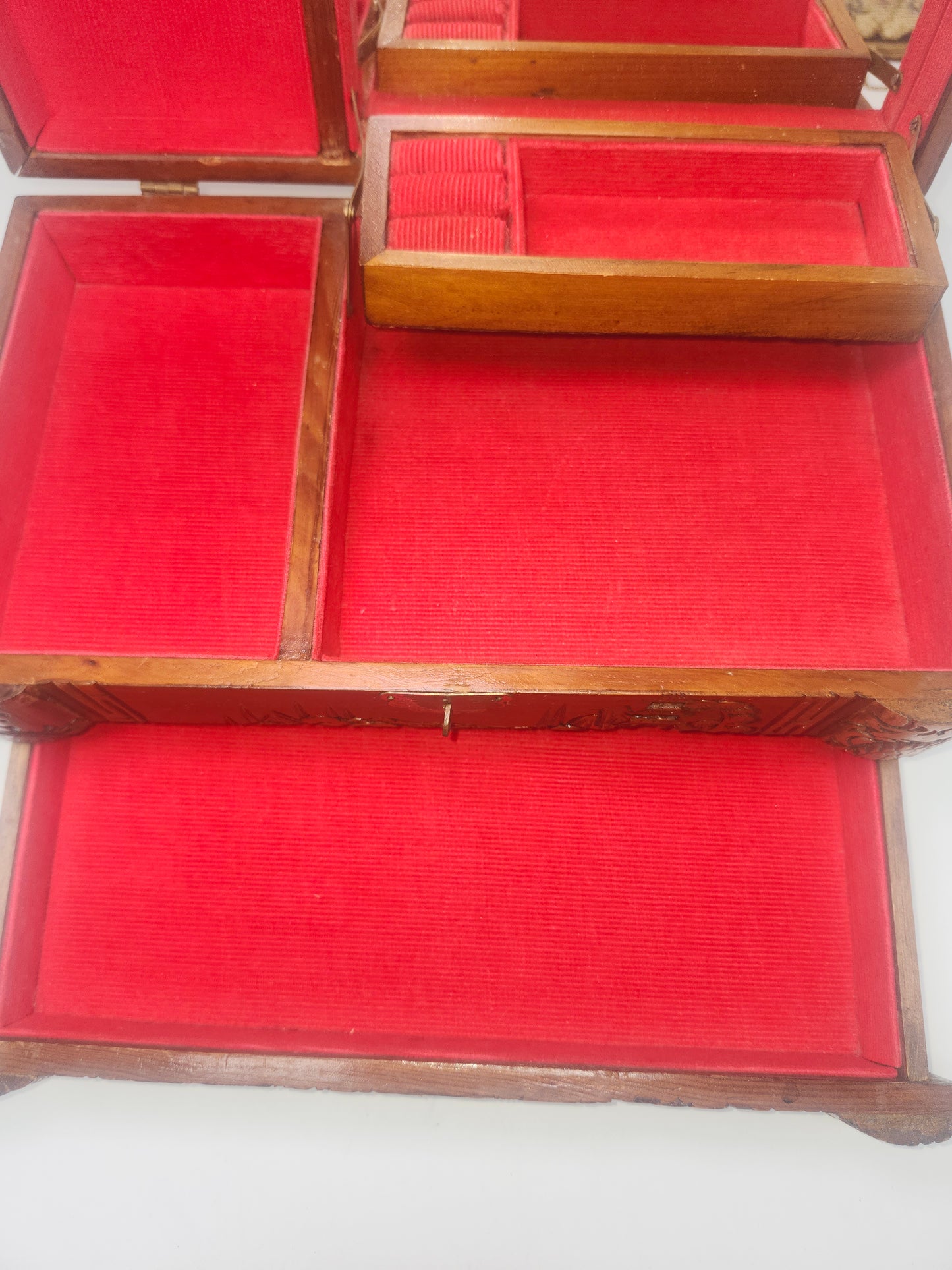 Vintage Wooden Jewelry Box with Carved Eastern Motif