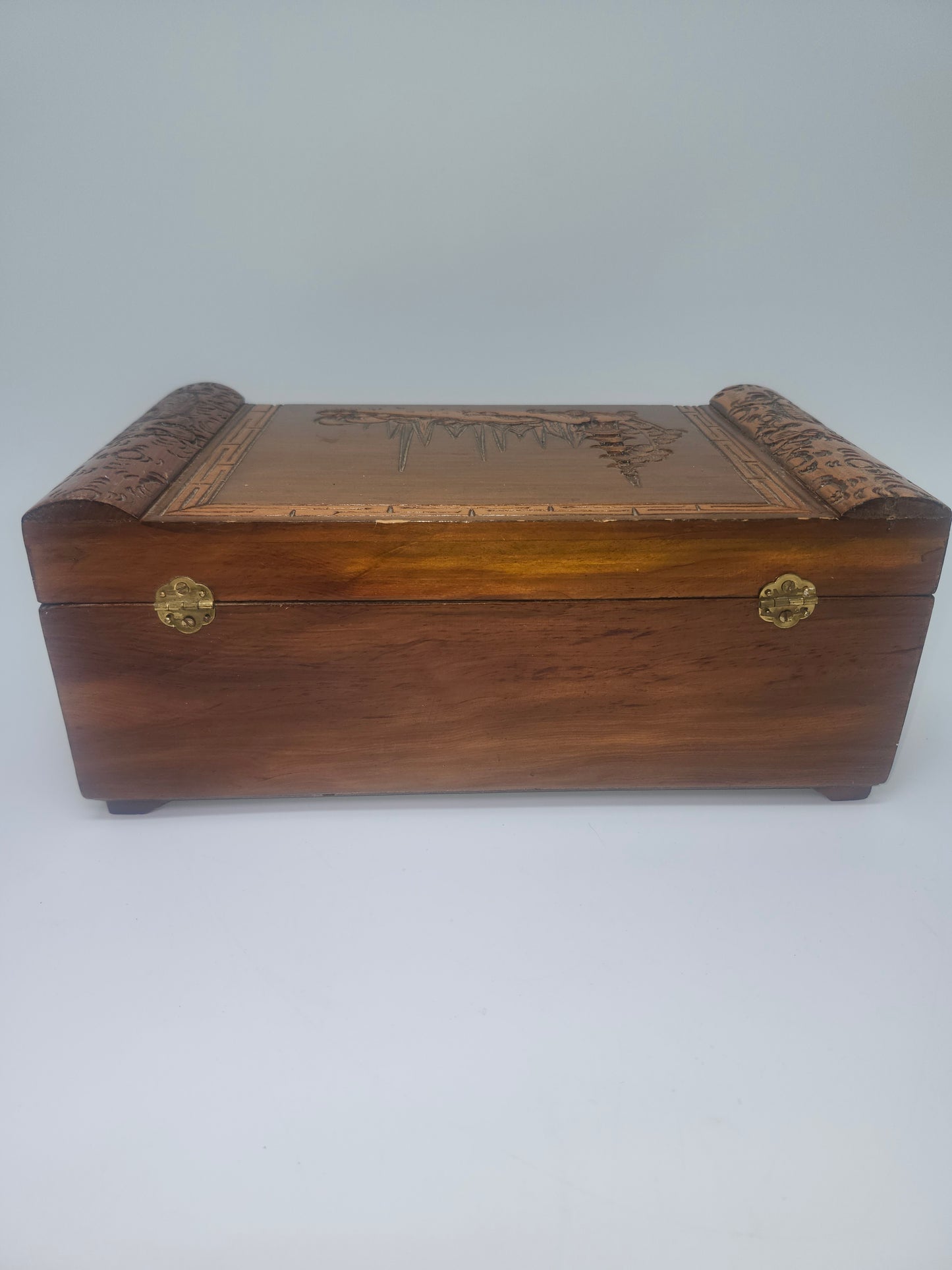 Vintage Wooden Jewelry Box with Carved Eastern Motif