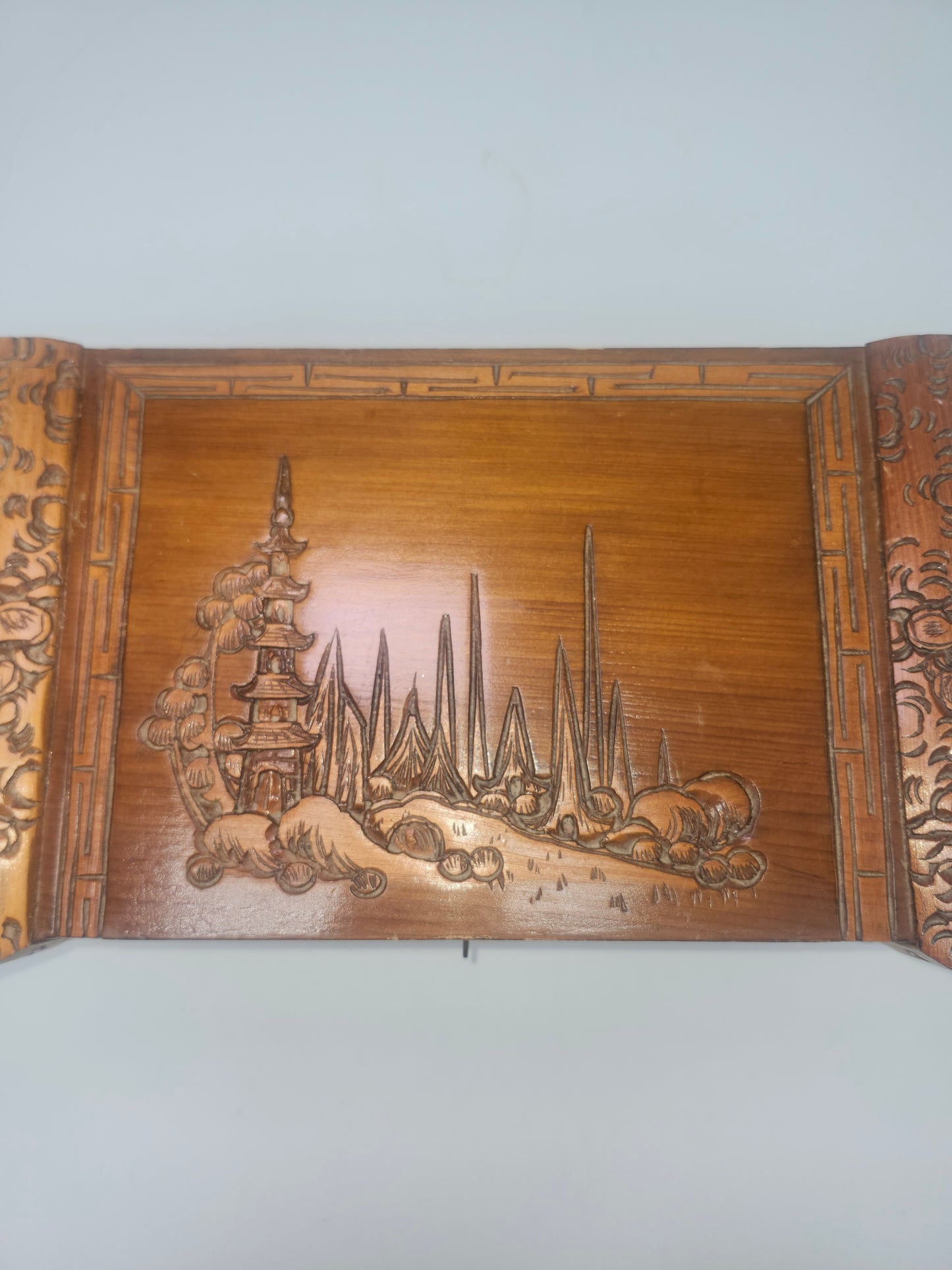 Vintage Wooden Jewelry Box with Carved Eastern Motif