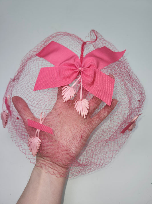 Art Deco Era Pink Mesh Netting Fascinator with Bows