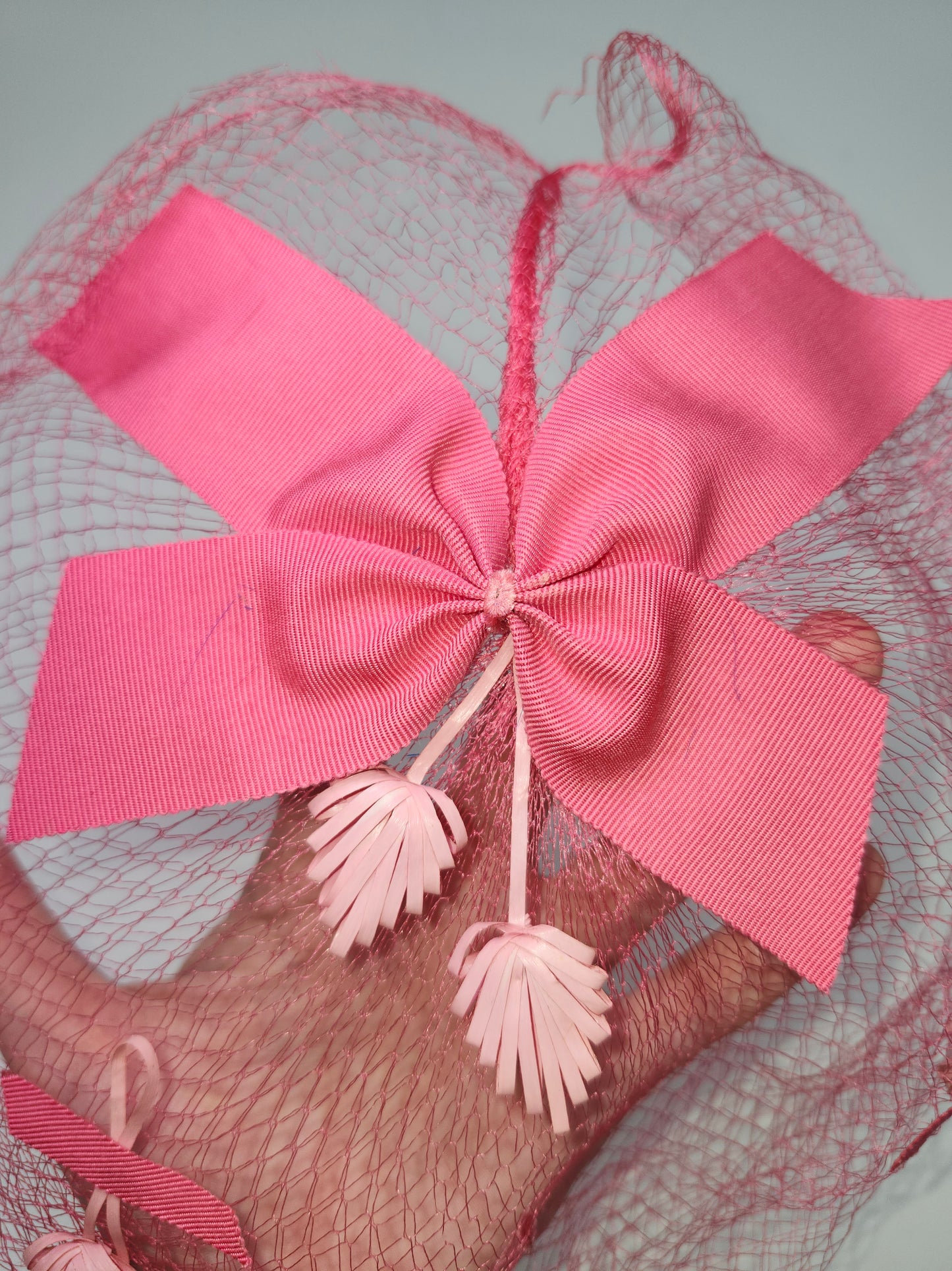 Art Deco Era Pink Mesh Netting Fascinator with Bows