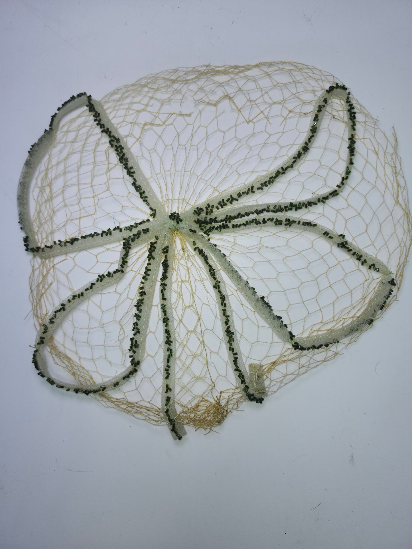 Art Deco Era White & Green Mesh Netting Fascinator with Green Beading