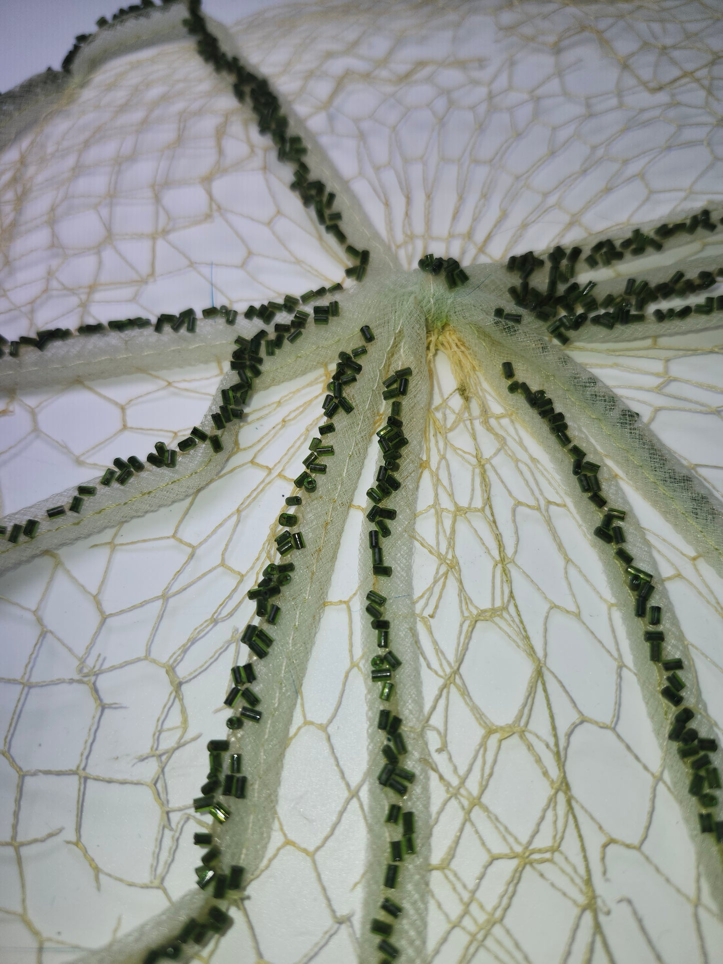 Art Deco Era White & Green Mesh Netting Fascinator with Green Beading