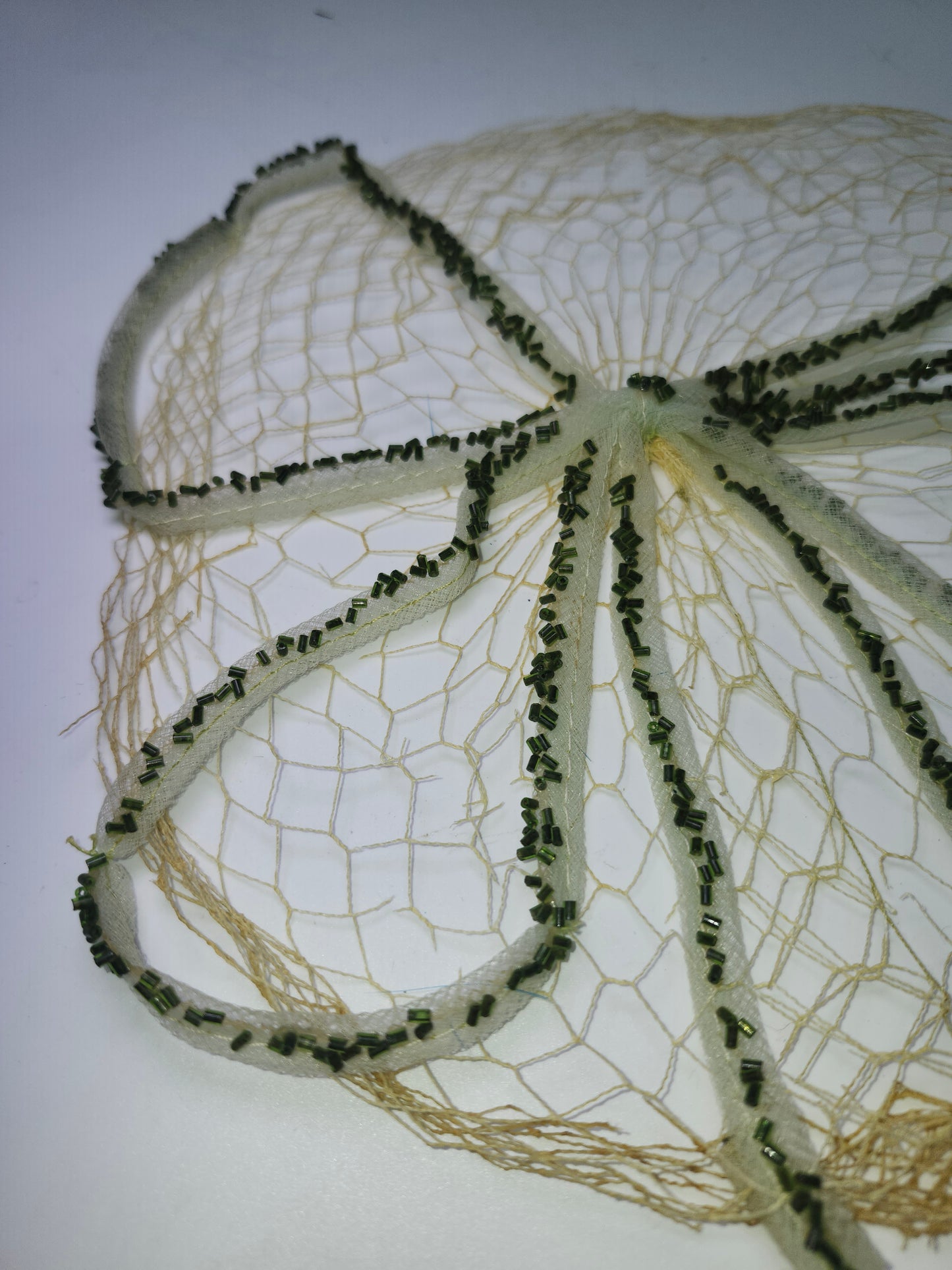 Art Deco Era White & Green Mesh Netting Fascinator with Green Beading