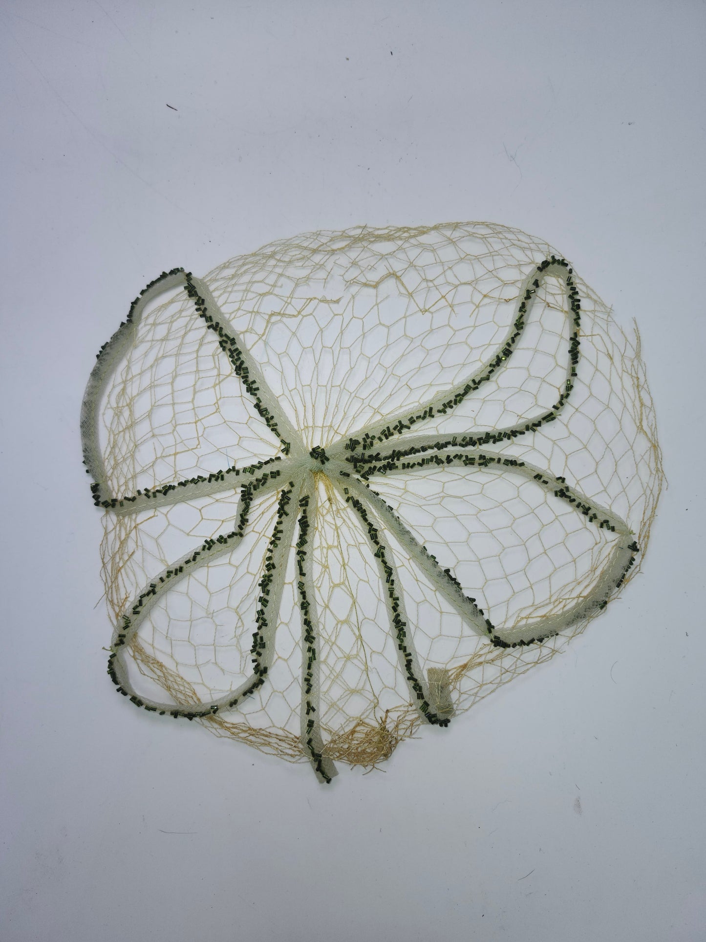Art Deco Era White & Green Mesh Netting Fascinator with Green Beading