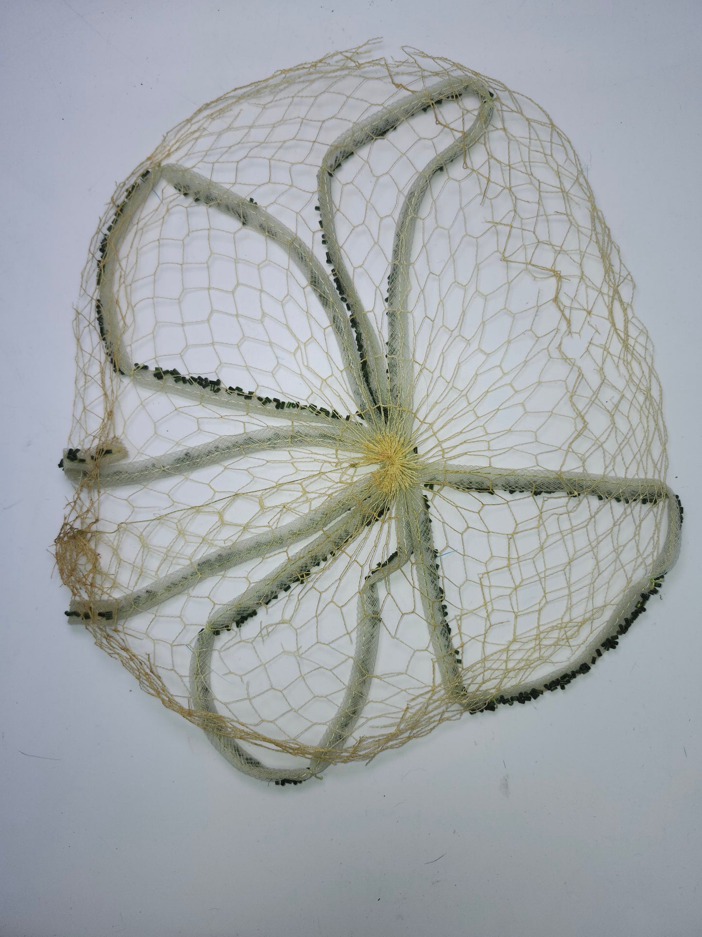 Art Deco Era White & Green Mesh Netting Fascinator with Green Beading