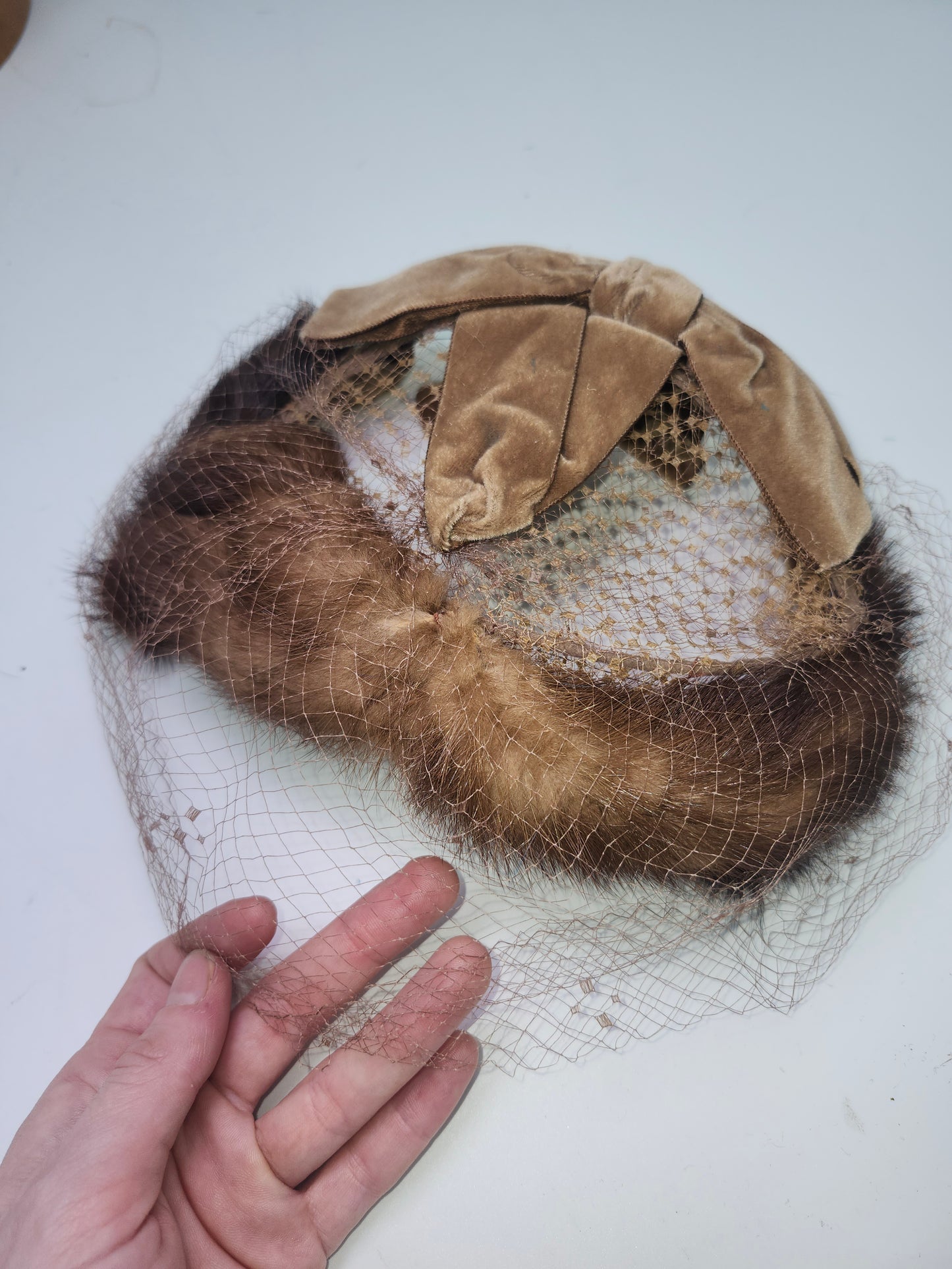 Art Deco Era Mink Fur Lined Ladies Hat with Velvet Bows
