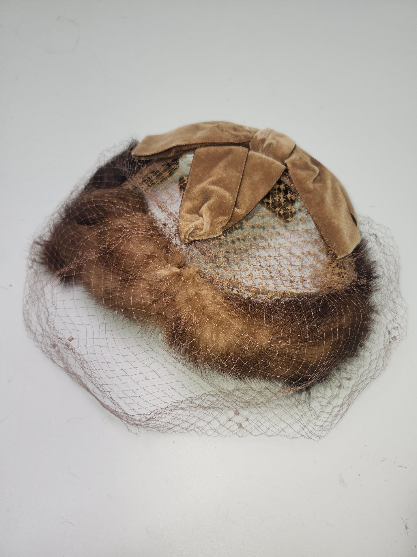 Art Deco Era Mink Fur Lined Ladies Hat with Velvet Bows