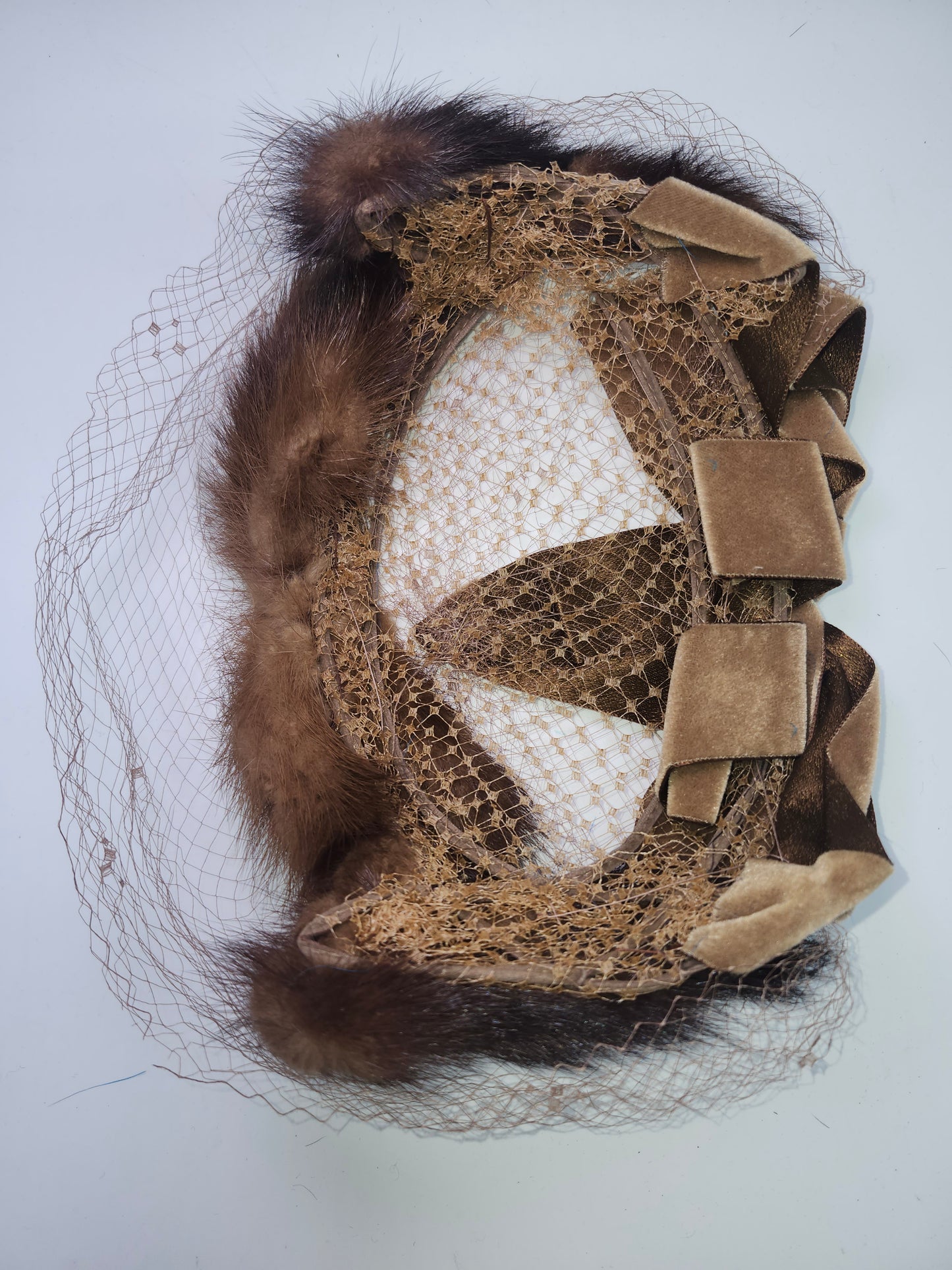 Art Deco Era Mink Fur Lined Ladies Hat with Velvet Bows