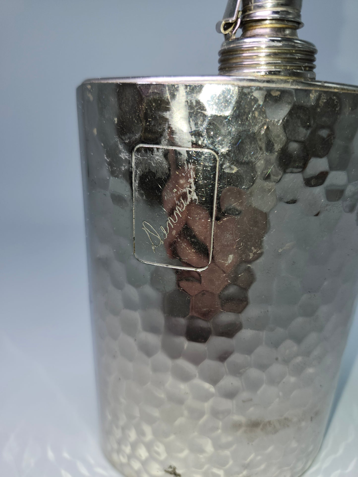 Vintage 1940s Hammered Hip Flask with Engraving