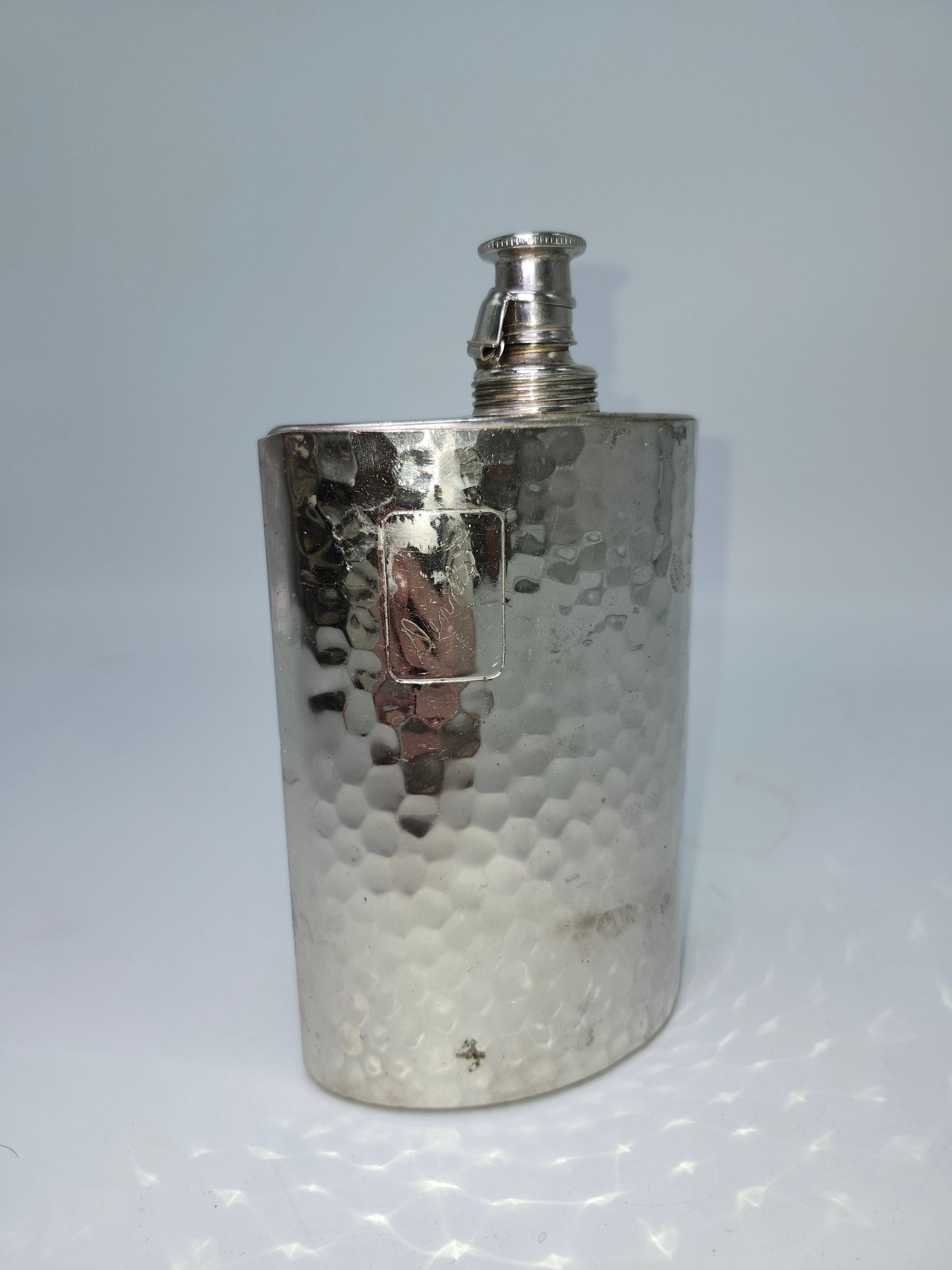 Vintage 1940s Hammered Hip Flask with Engraving