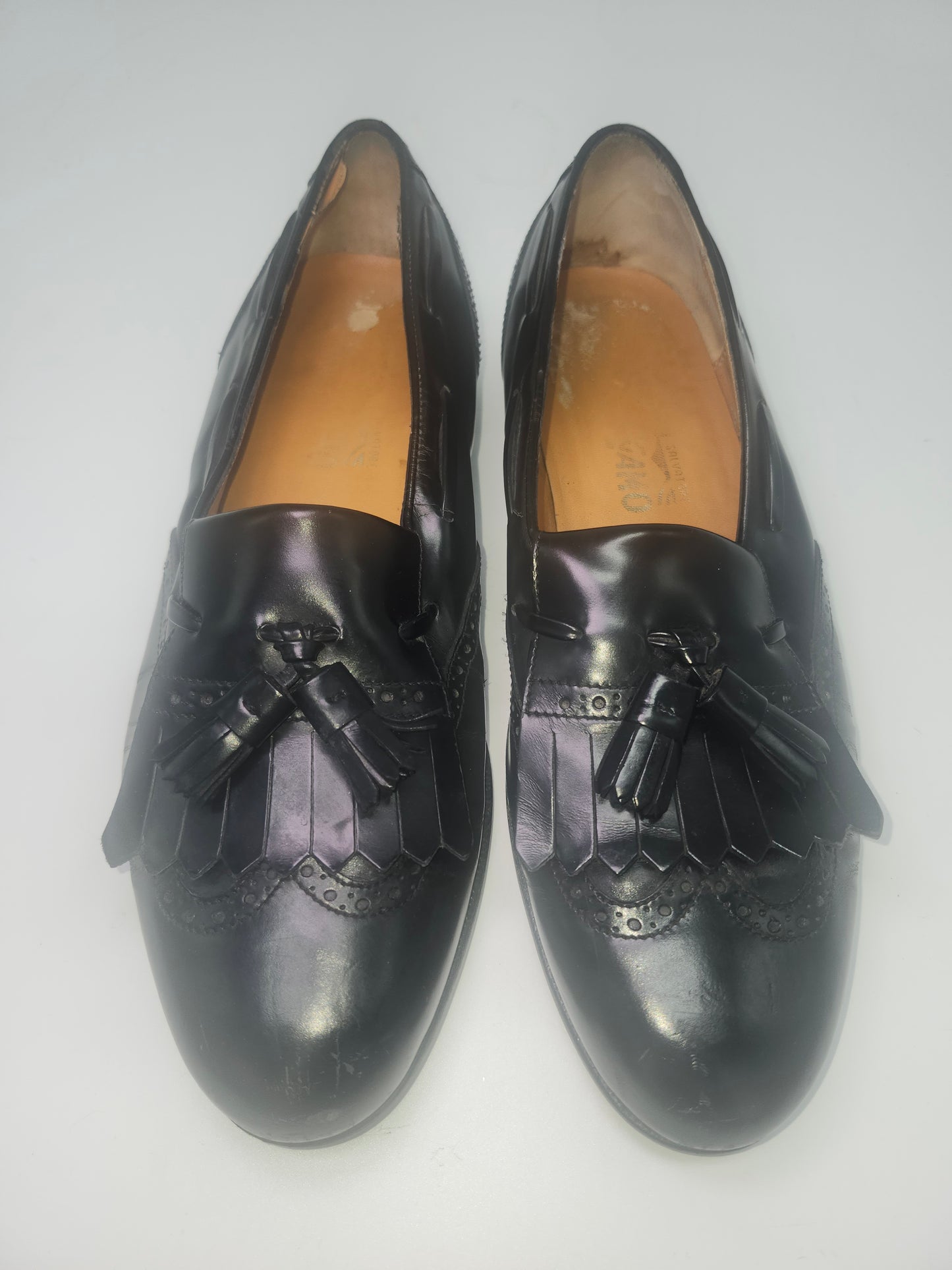 Ferragamo "Lucas" Kiltie Tassel Black Leather Moccasin Loafers Size 10