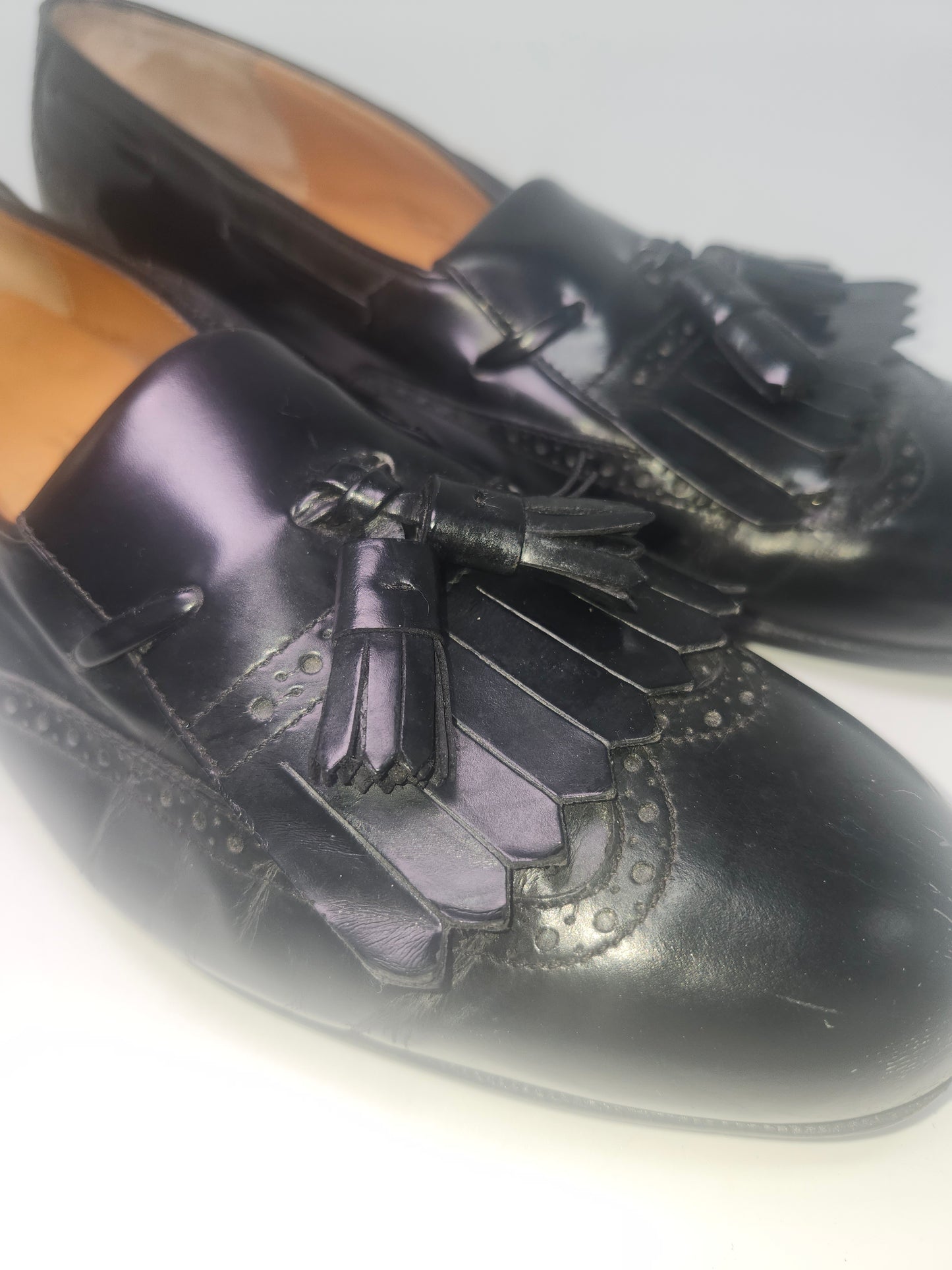 Ferragamo "Lucas" Kiltie Tassel Black Leather Moccasin Loafers Size 10