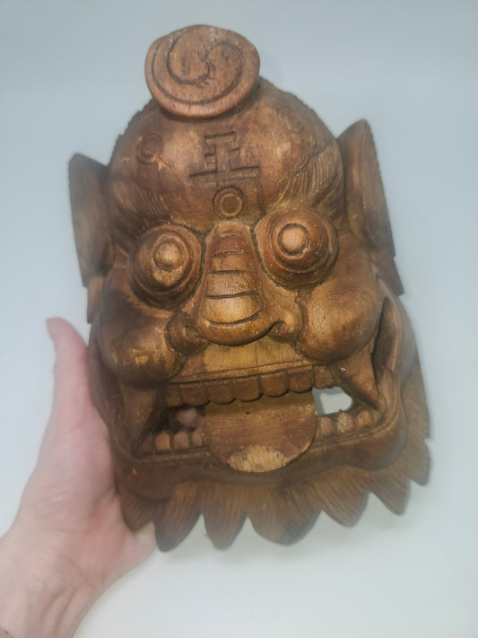 1800s Antique Tibetan Carved Wood Mahakala Wall Hanging