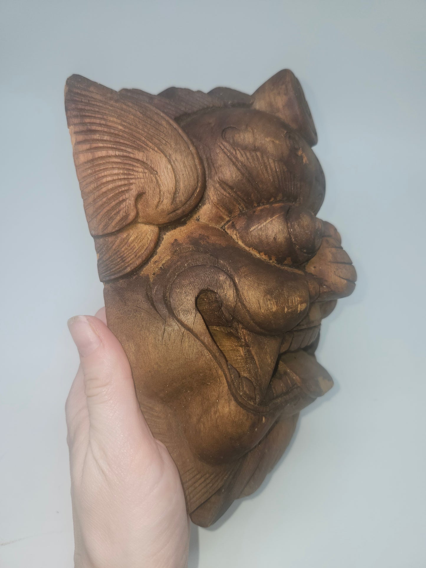 1800s Antique Tibetan Carved Wood Mahakala Wall Hanging