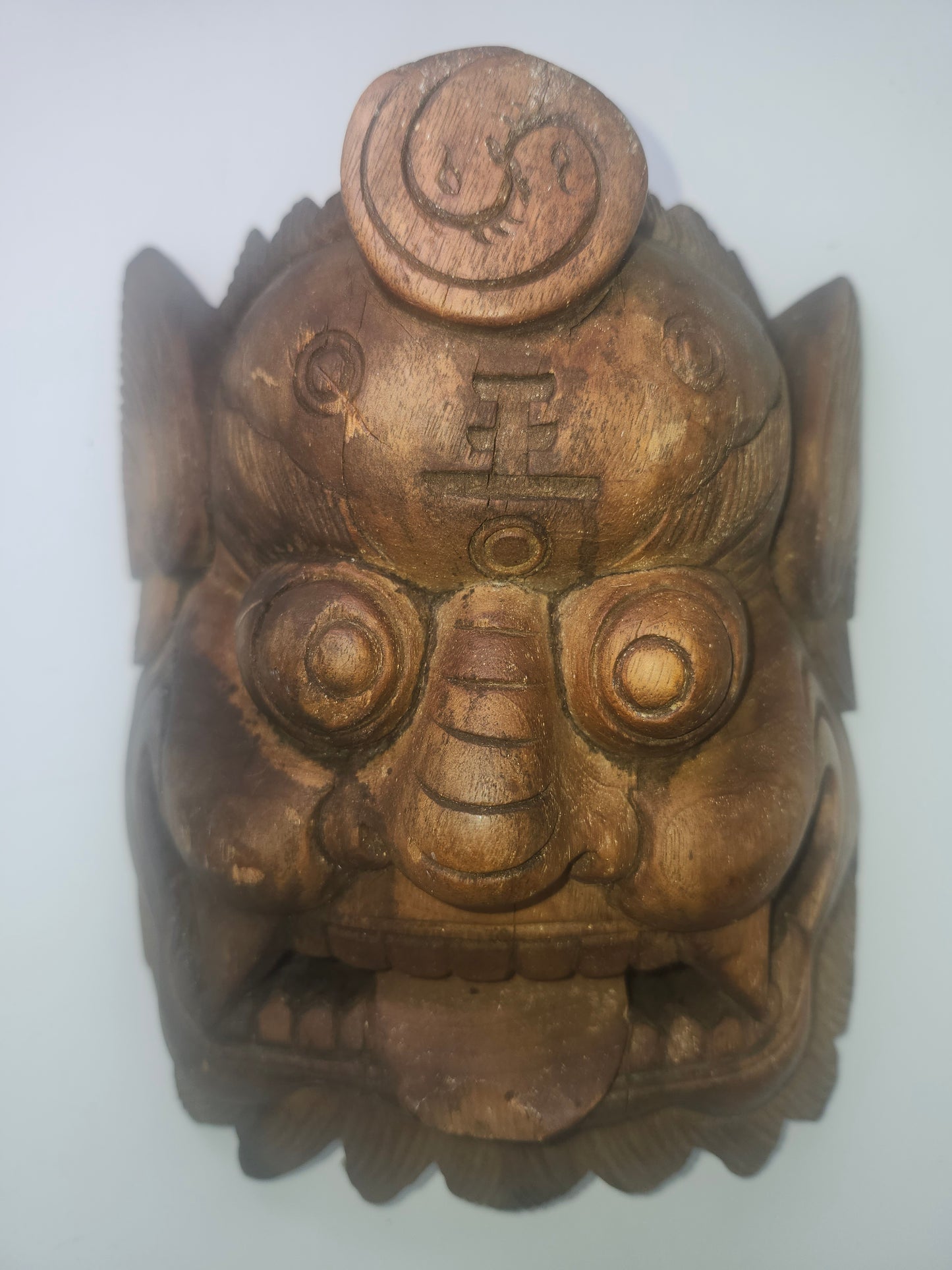 1800s Antique Tibetan Carved Wood Mahakala Wall Hanging
