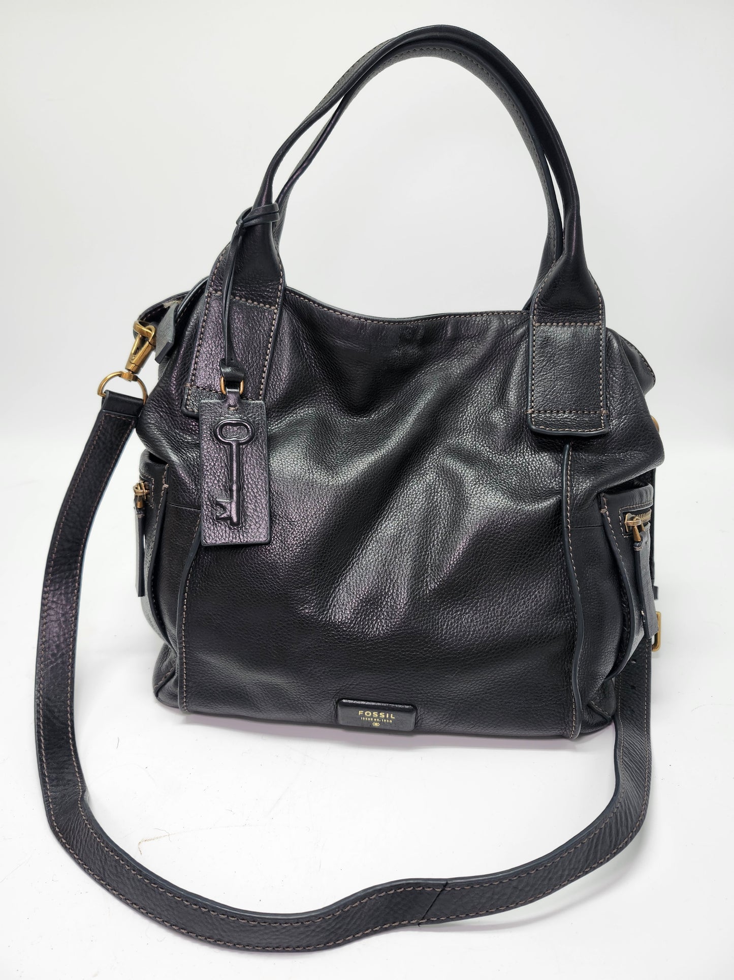 *Fossil* "Emerson" Medium Leather Satchel in Black Leather