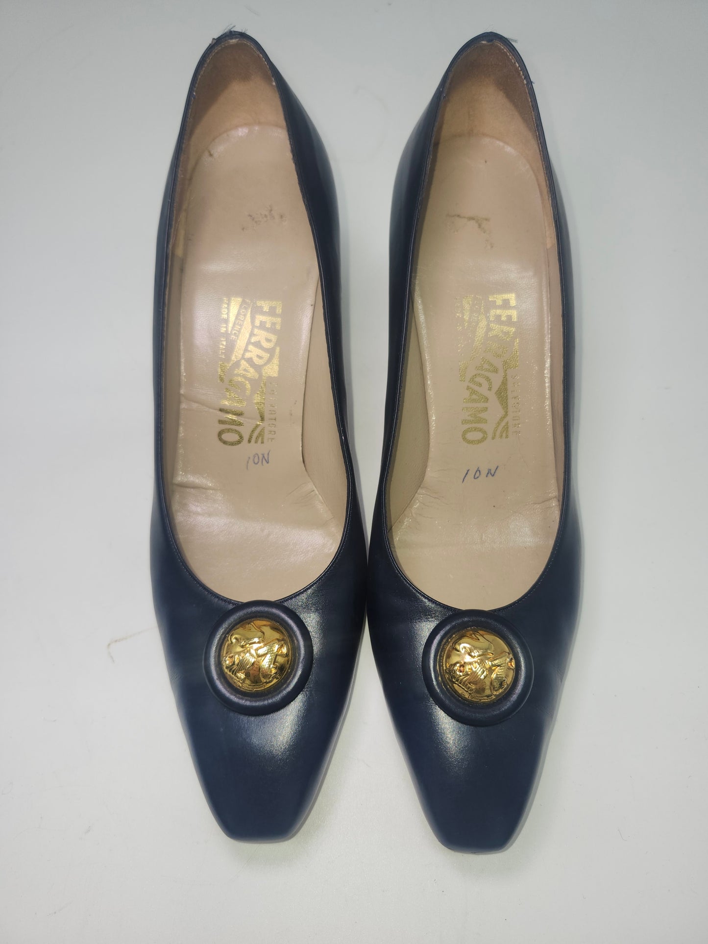 -Ferragamo- Navy Blue Leather Heels with Gold Toned Hardware, Size 10N