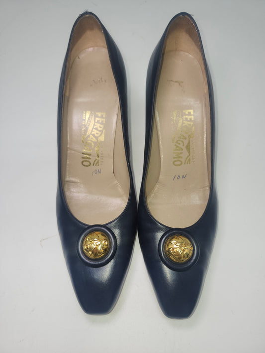 -Ferragamo- Navy Blue Leather Heels with Gold Toned Hardware, Size 10N
