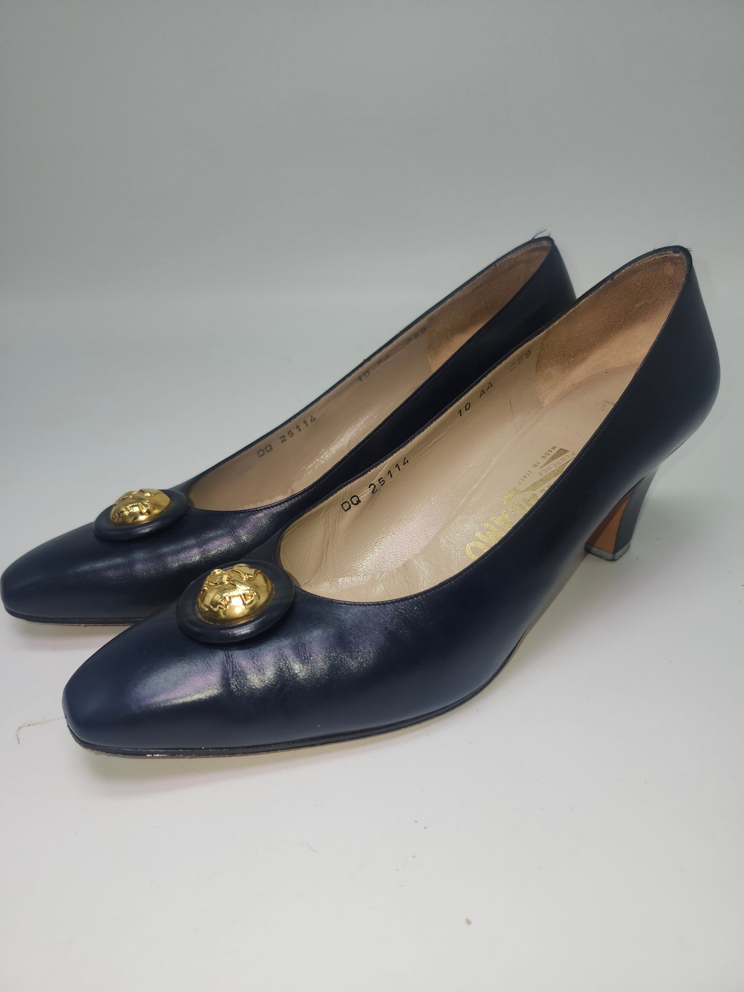 -Ferragamo- Navy Blue Leather Heels with Gold Toned Hardware, Size 10N