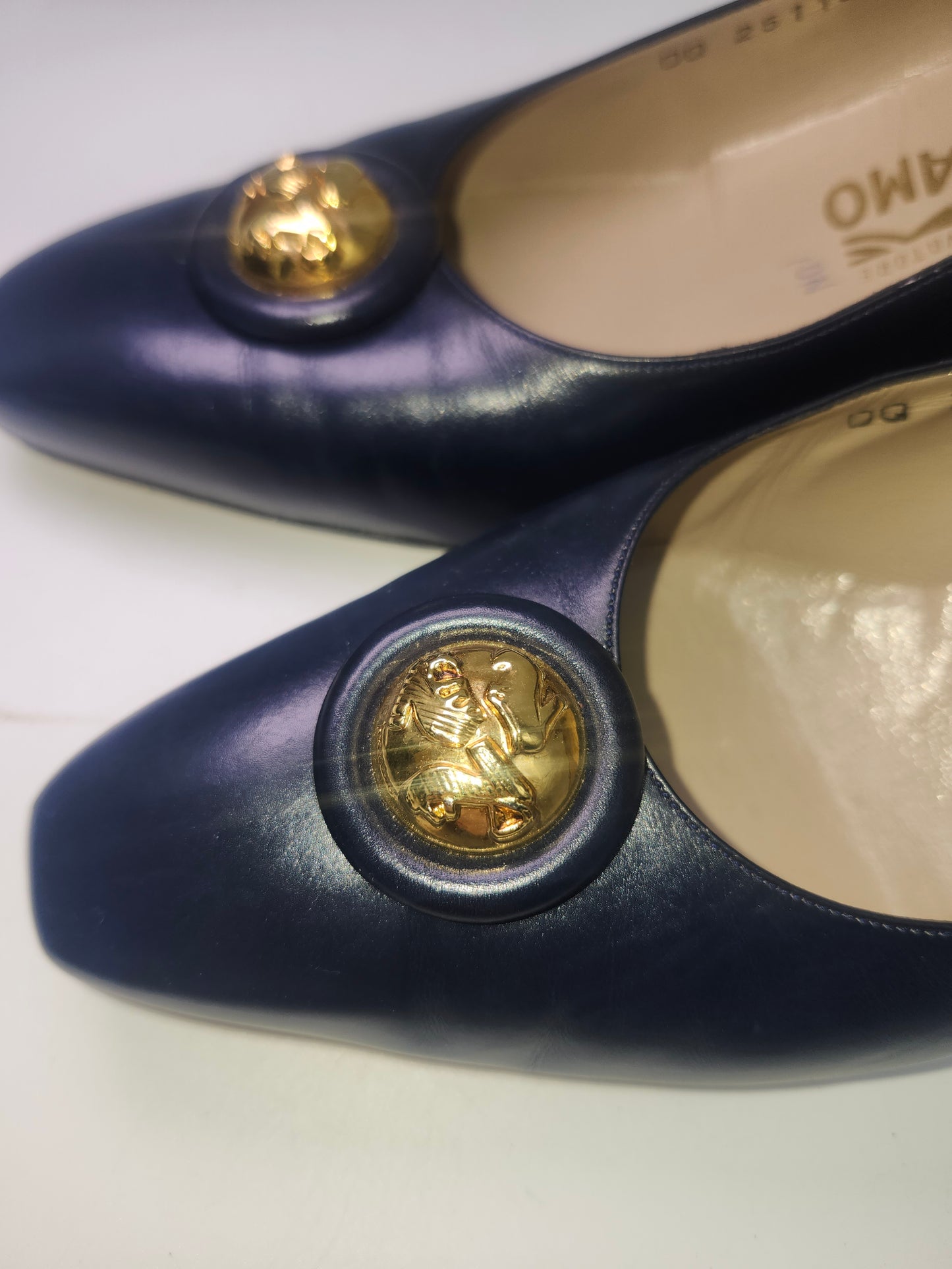 -Ferragamo- Navy Blue Leather Heels with Gold Toned Hardware, Size 10N