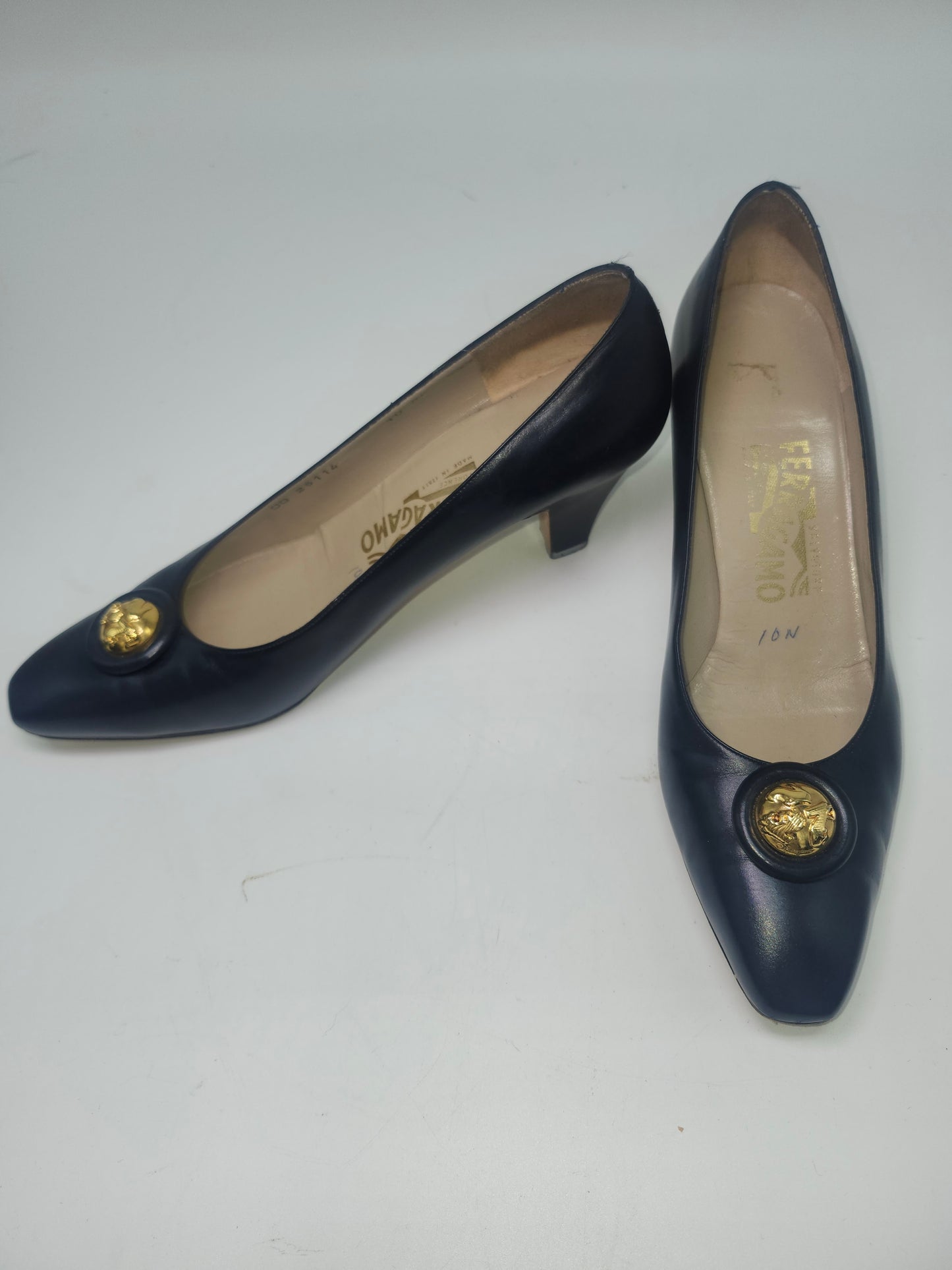 -Ferragamo- Navy Blue Leather Heels with Gold Toned Hardware, Size 10N