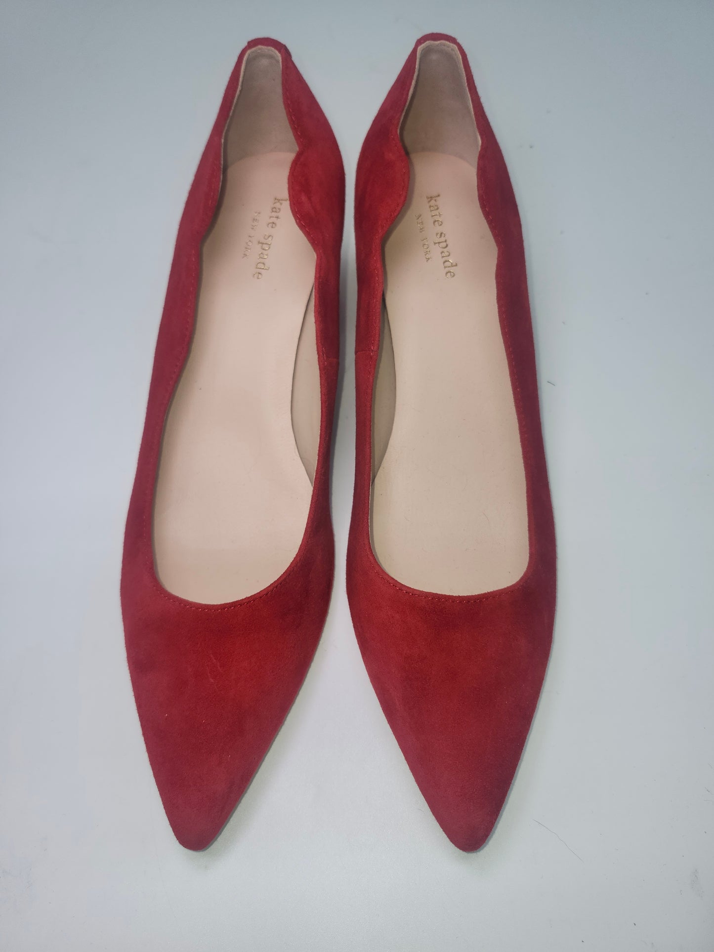 -Kate Spade- "Mindie" Red Suede Scalloped Block Heels NWT Size 9.5