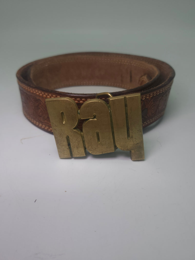 "Ray" Vintage Brass Nameplate Buckle & Tooled Leather Belt