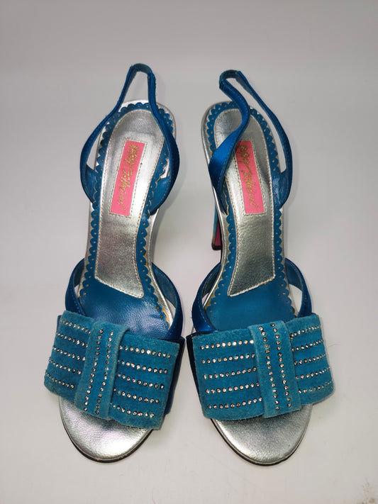 -Betsey Johnson- Blue Satin & Suede Heeled Sandals