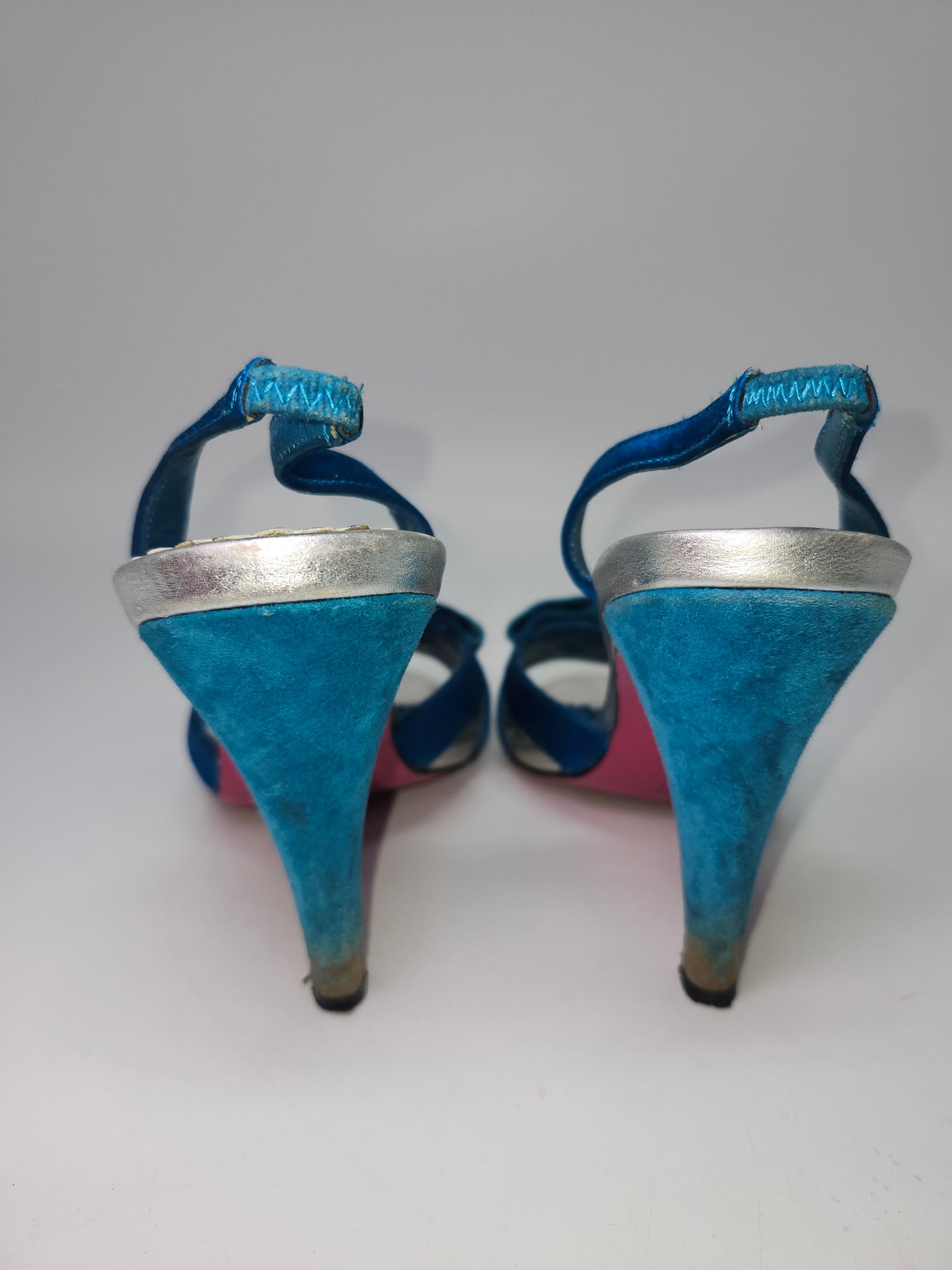 -Betsey Johnson- Blue Satin & Suede Heeled Sandals