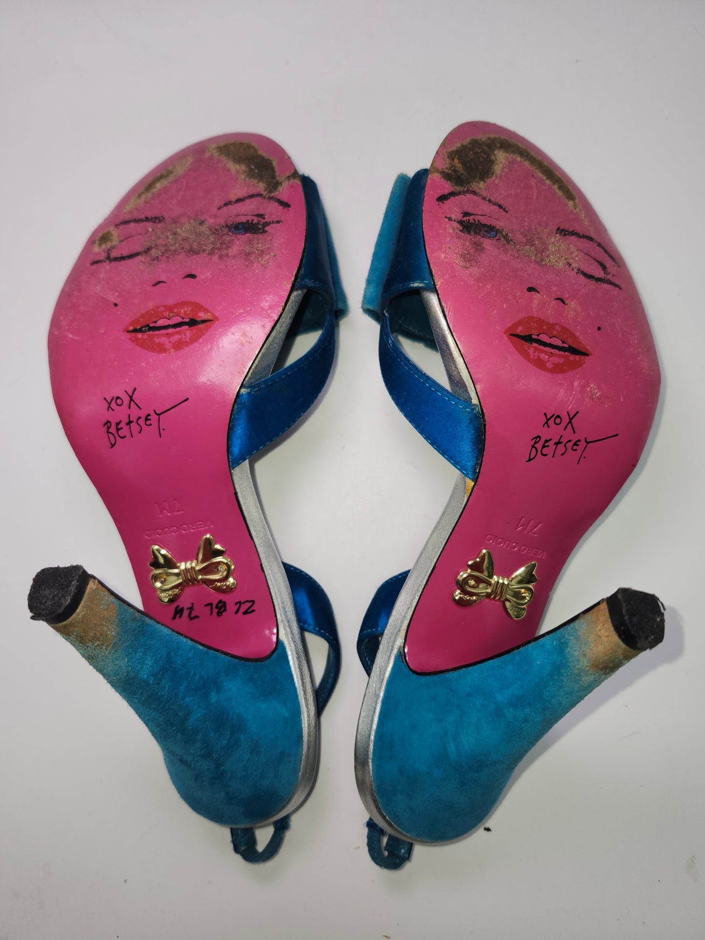 -Betsey Johnson- Blue Satin & Suede Heeled Sandals