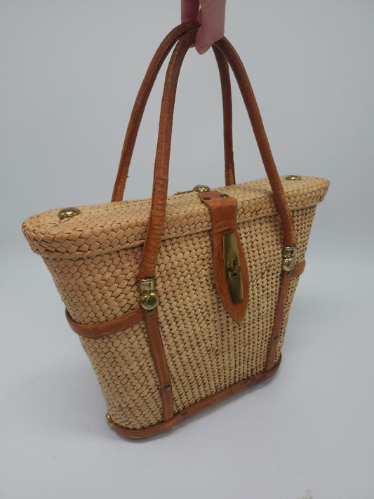 *Vintage* Boho Woven Straw & Leather Accented Beach Bag