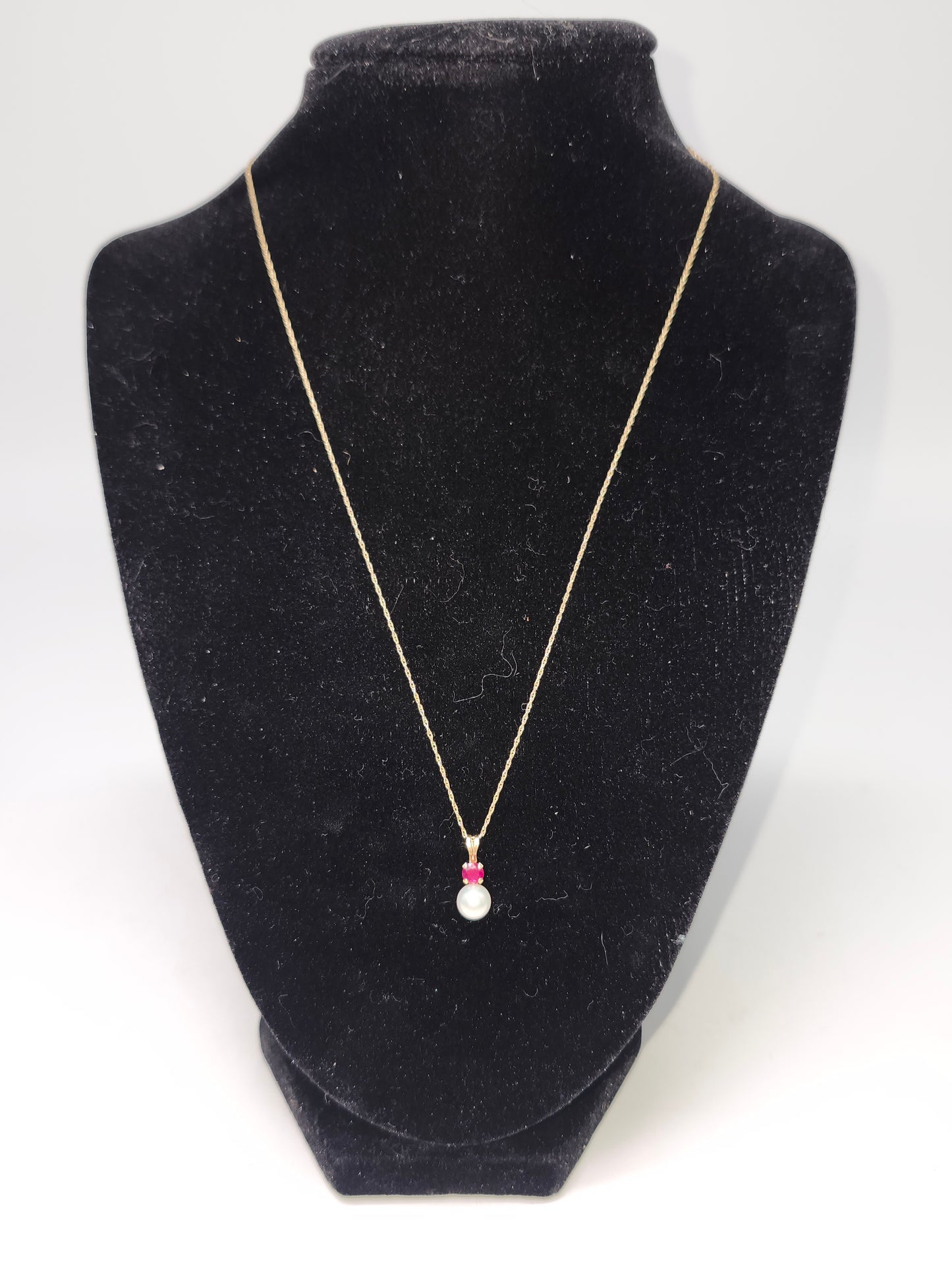 14K Gold Chain & Pendant with Real Ruby & Pearl