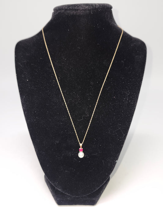 ~14K Gold~ Chain & Pendant with Real Ruby & Pearl