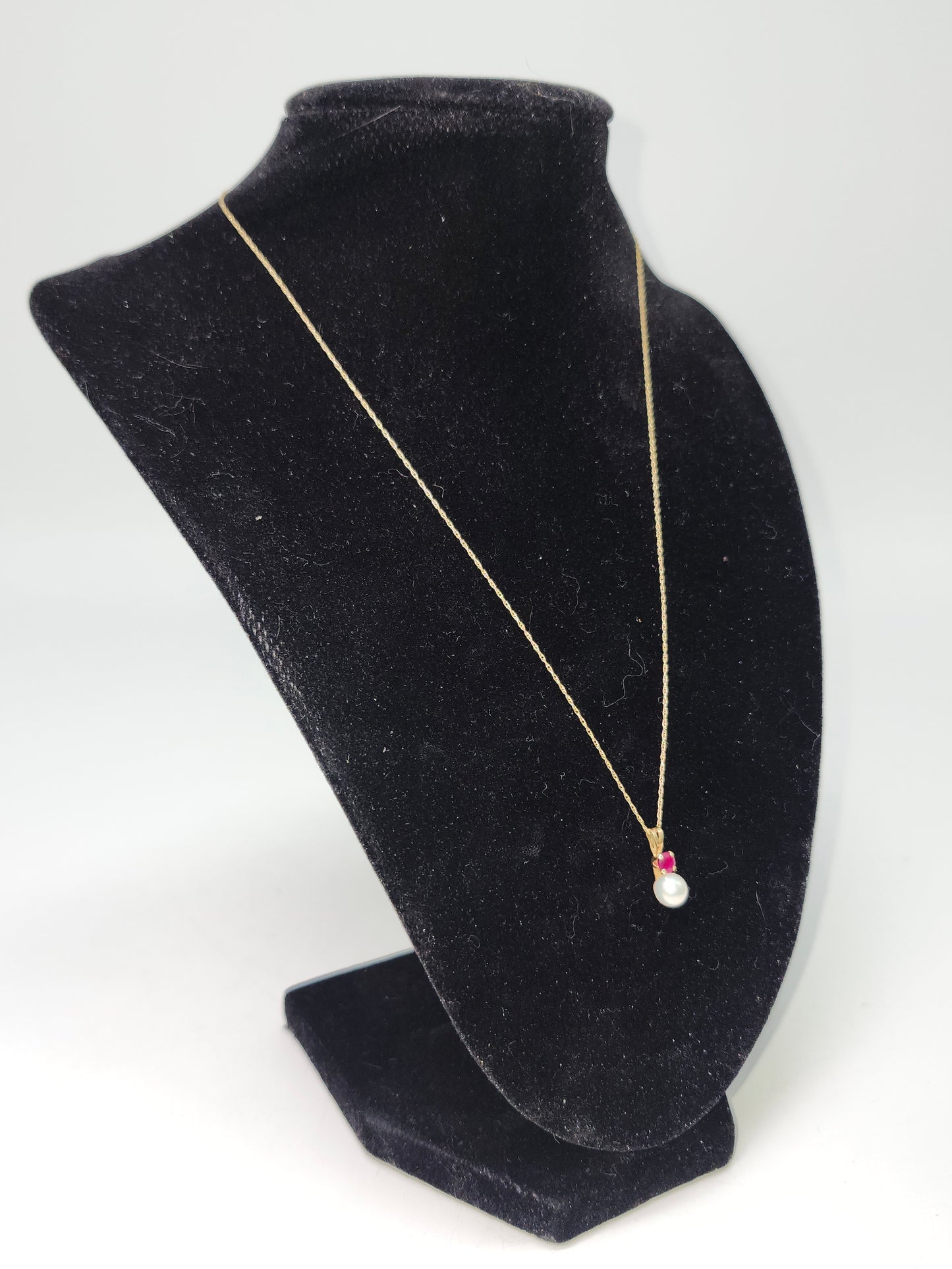 14K Gold Chain & Pendant with Real Ruby & Pearl