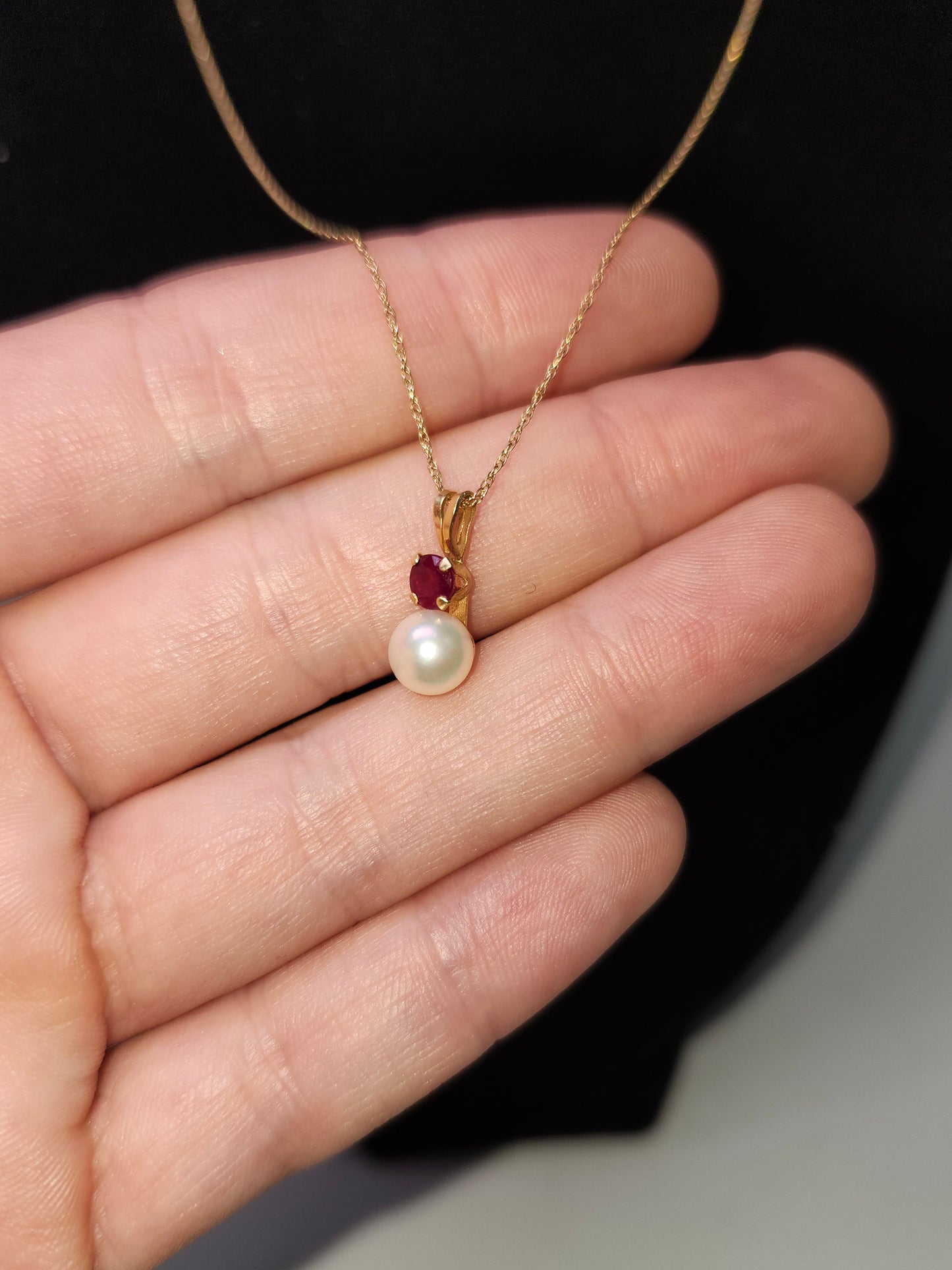 14K Gold Chain & Pendant with Real Ruby & Pearl