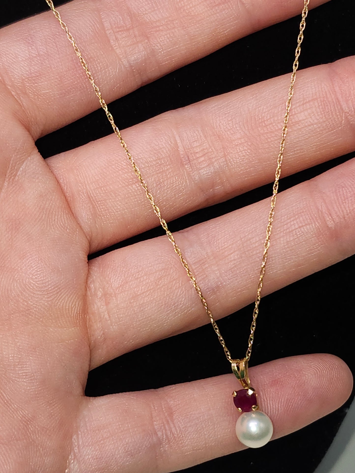 14K Gold Chain & Pendant with Real Ruby & Pearl