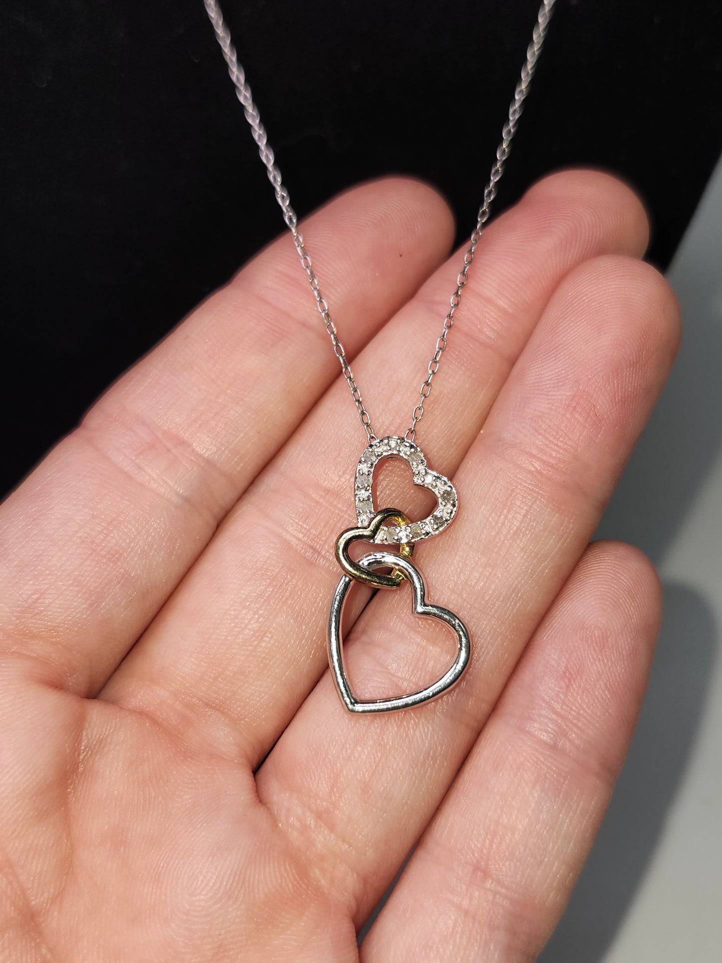 925 Sterling Silver Chain Necklace & Diamond Triple Heart Pendant