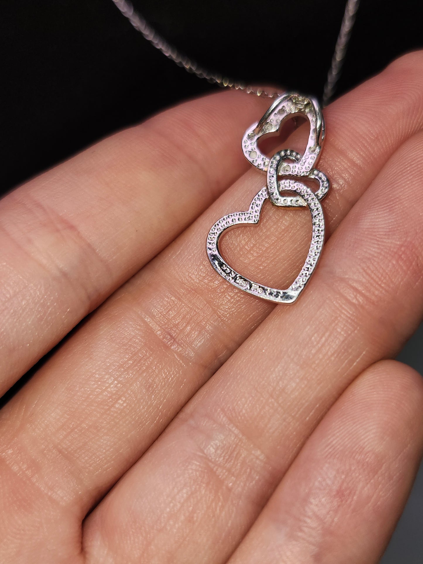 925 Sterling Silver Chain Necklace & Diamond Triple Heart Pendant