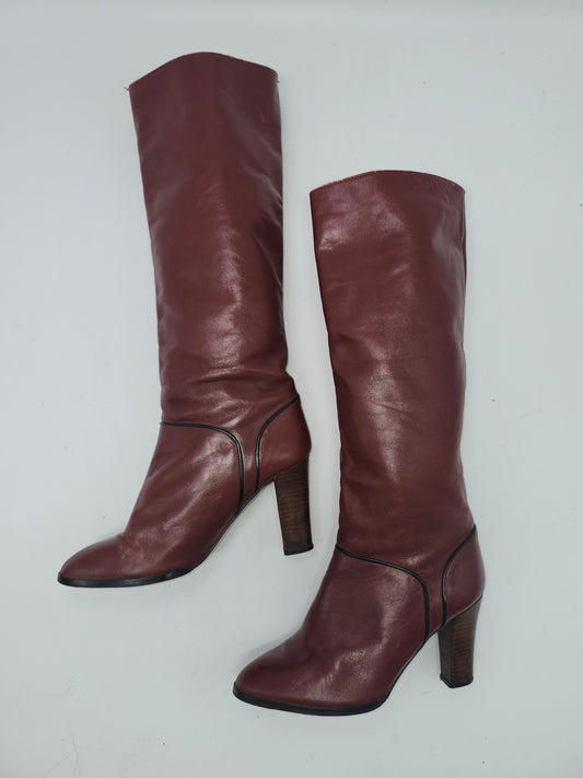 -Oxblood- Red Leather Knee High Vintage Boots Size 7