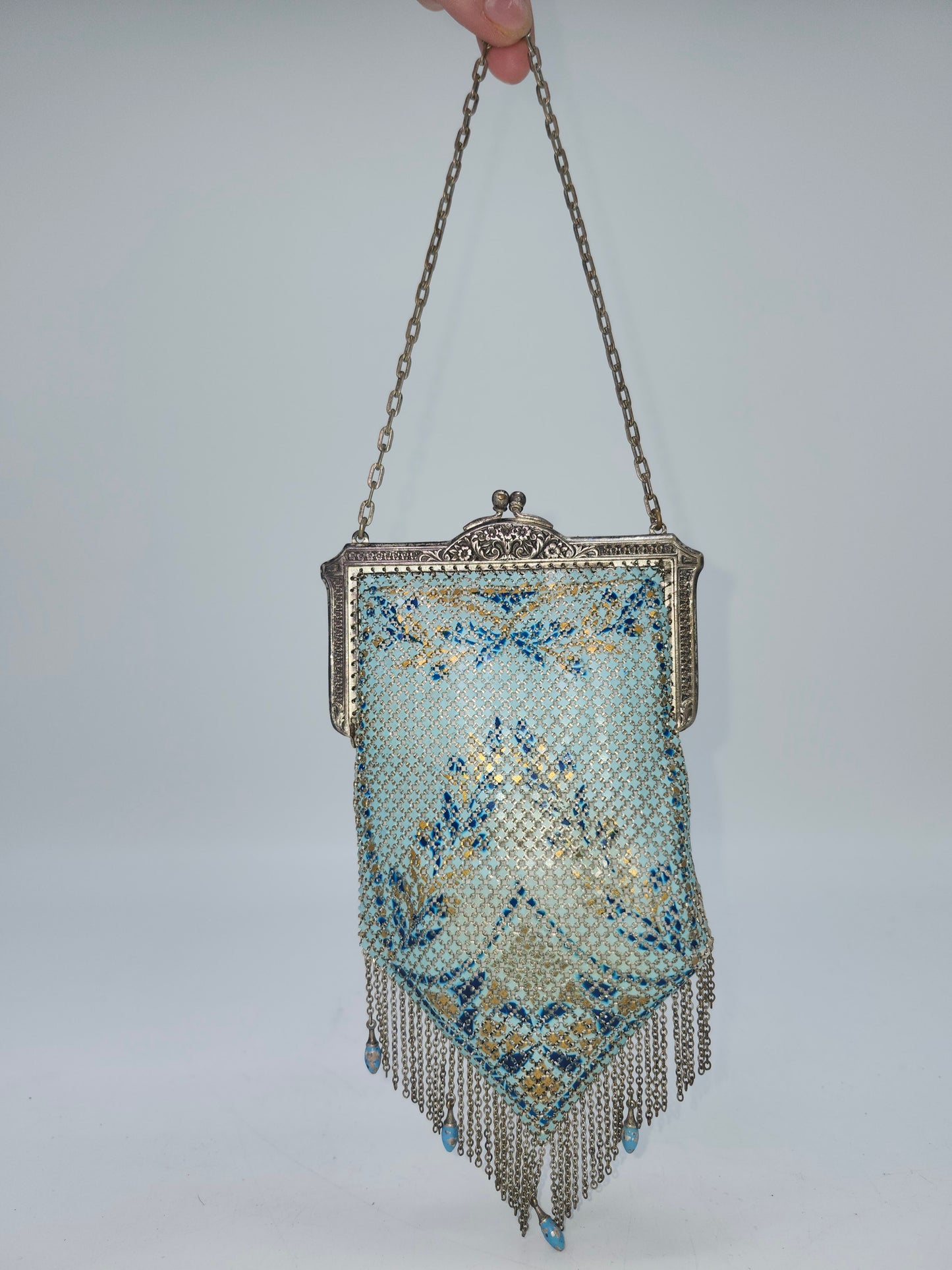 Art Deco Era Blue Enamel Metal Mesh Handbag