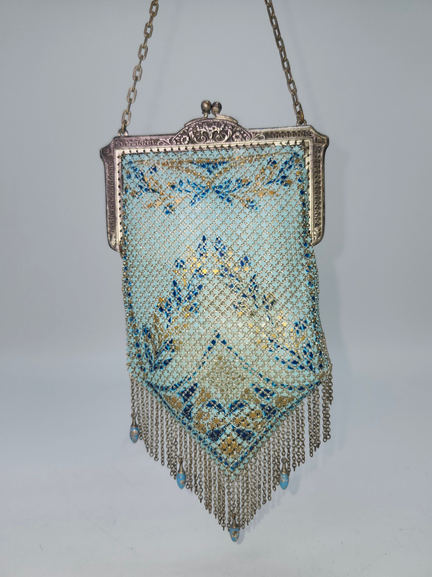 Art Deco Era Blue Enamel Metal Mesh Handbag