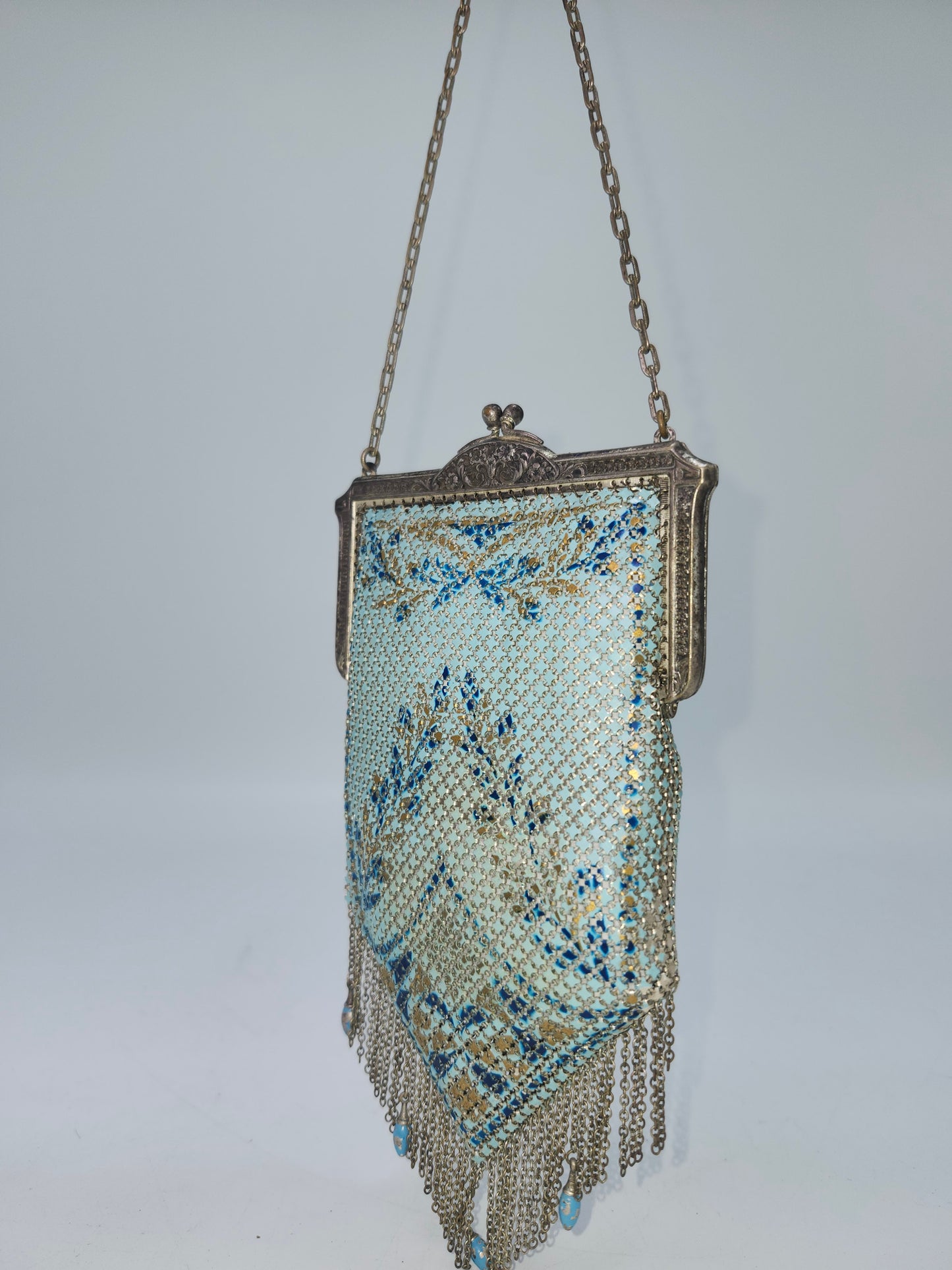 Art Deco Era Blue Enamel Metal Mesh Handbag