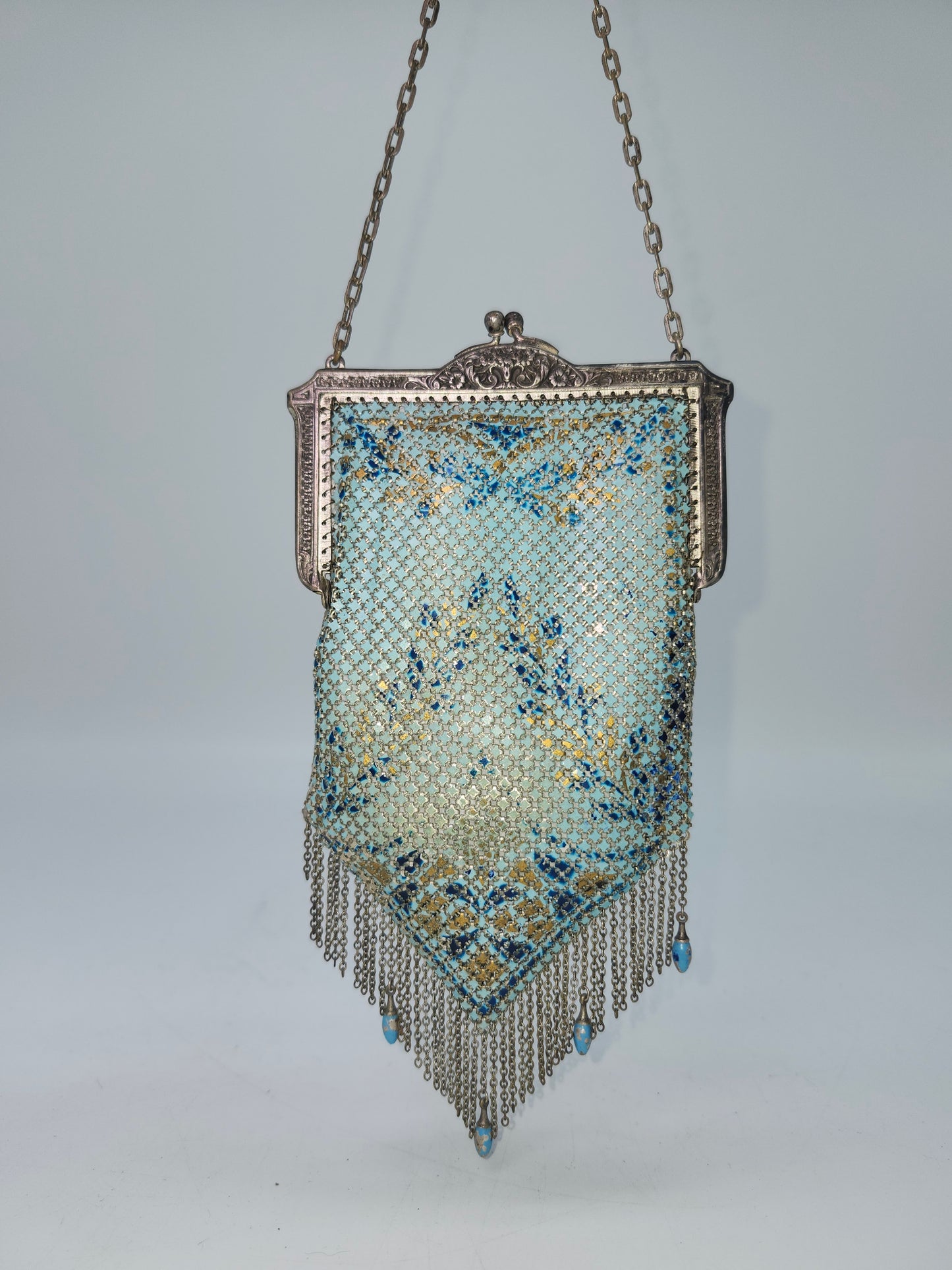 Art Deco Era Blue Enamel Metal Mesh Handbag
