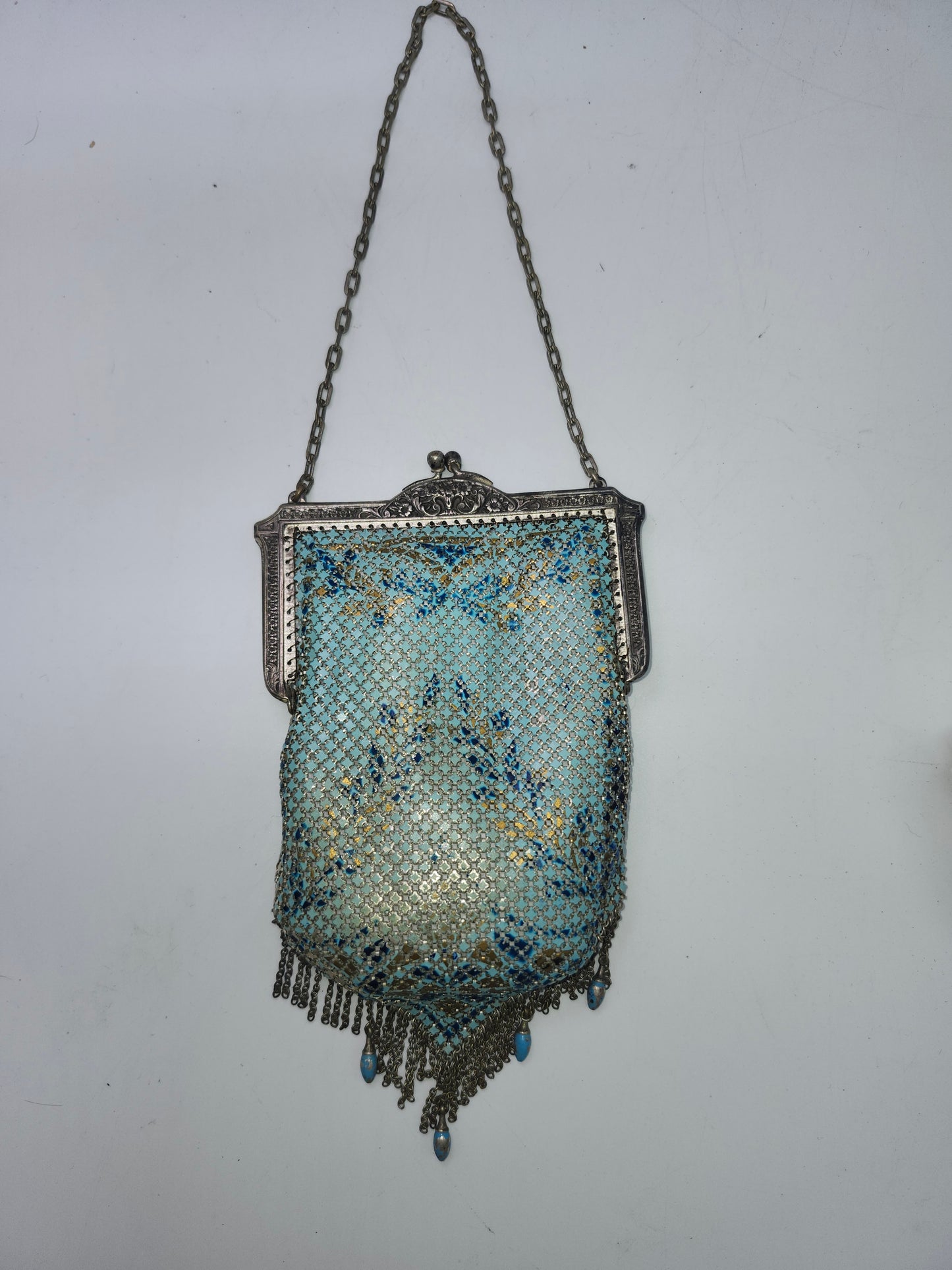 Art Deco Era Blue Enamel Metal Mesh Handbag