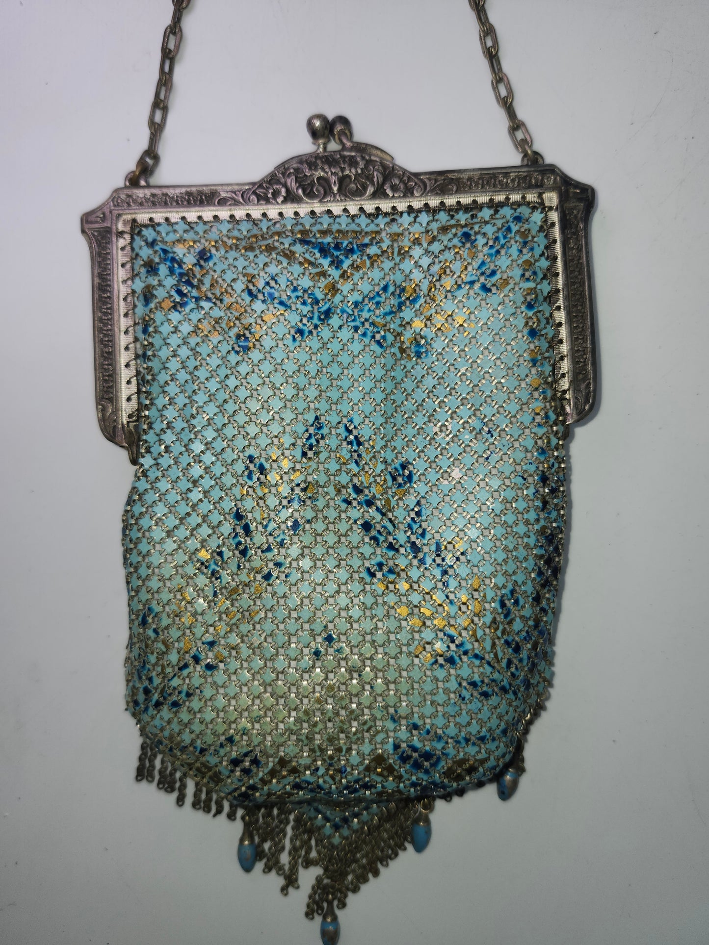 Art Deco Era Blue Enamel Metal Mesh Handbag