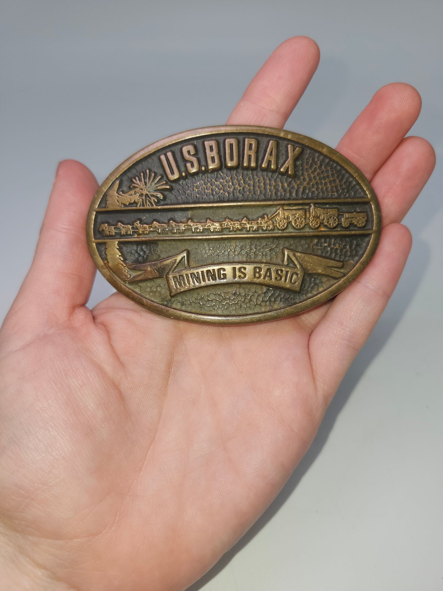 US Borax Mining Handmade Brass Belt Buckle Circa 1985