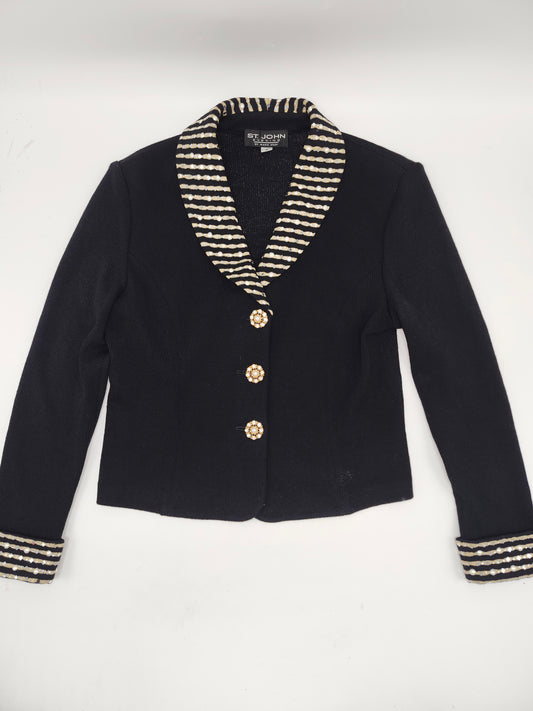 -St. John- Knit Jacket Blazer with Striped Collar & Decorative Buttons