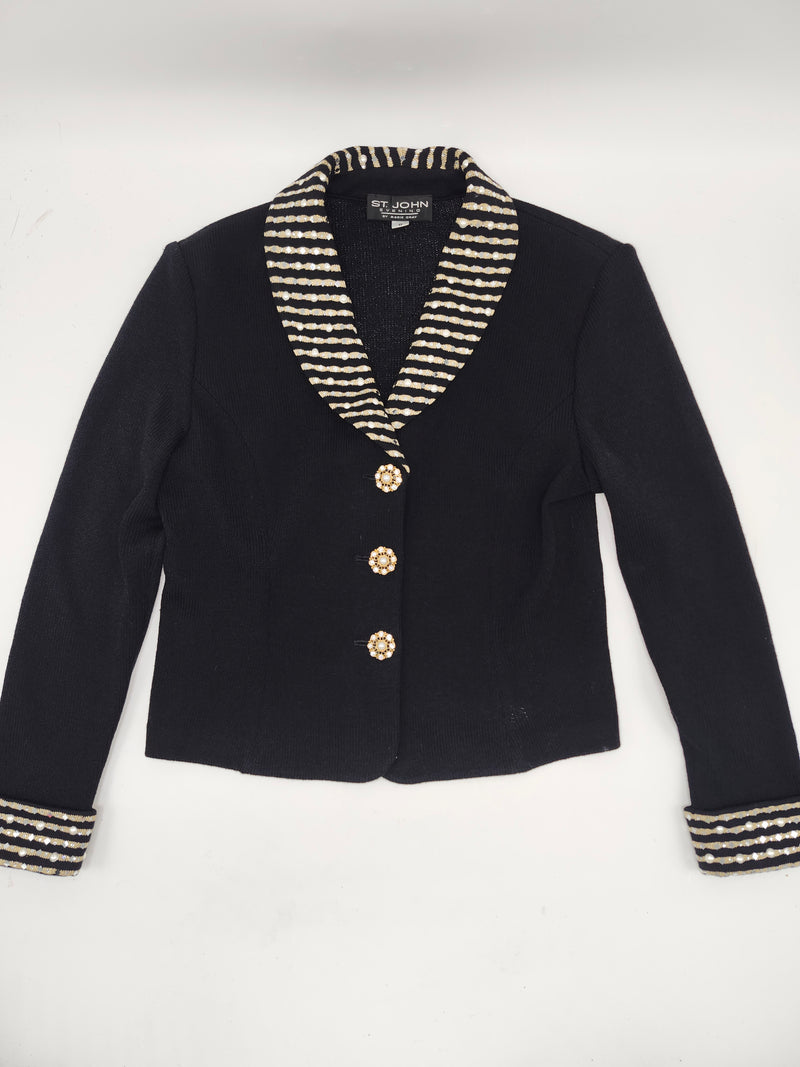 -St. John- Knit Jacket Blazer with Striped Collar & Decorative Buttons