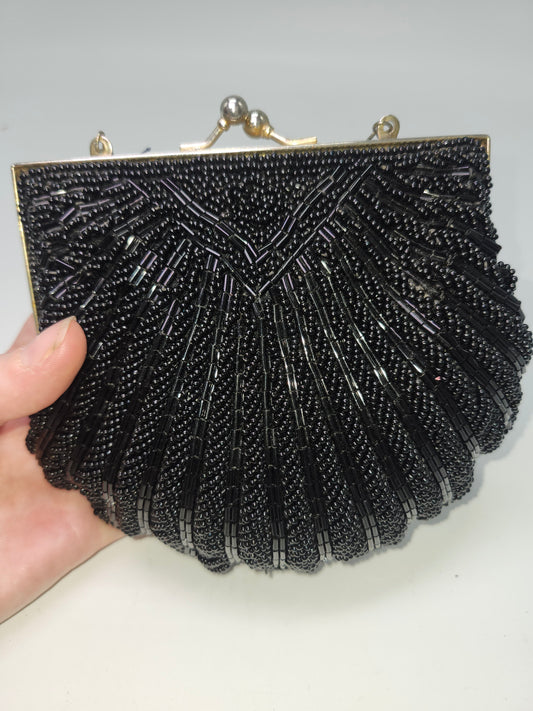 -Mid-Century- Black Sequin Beaded Shell Evening Bag / Clutch